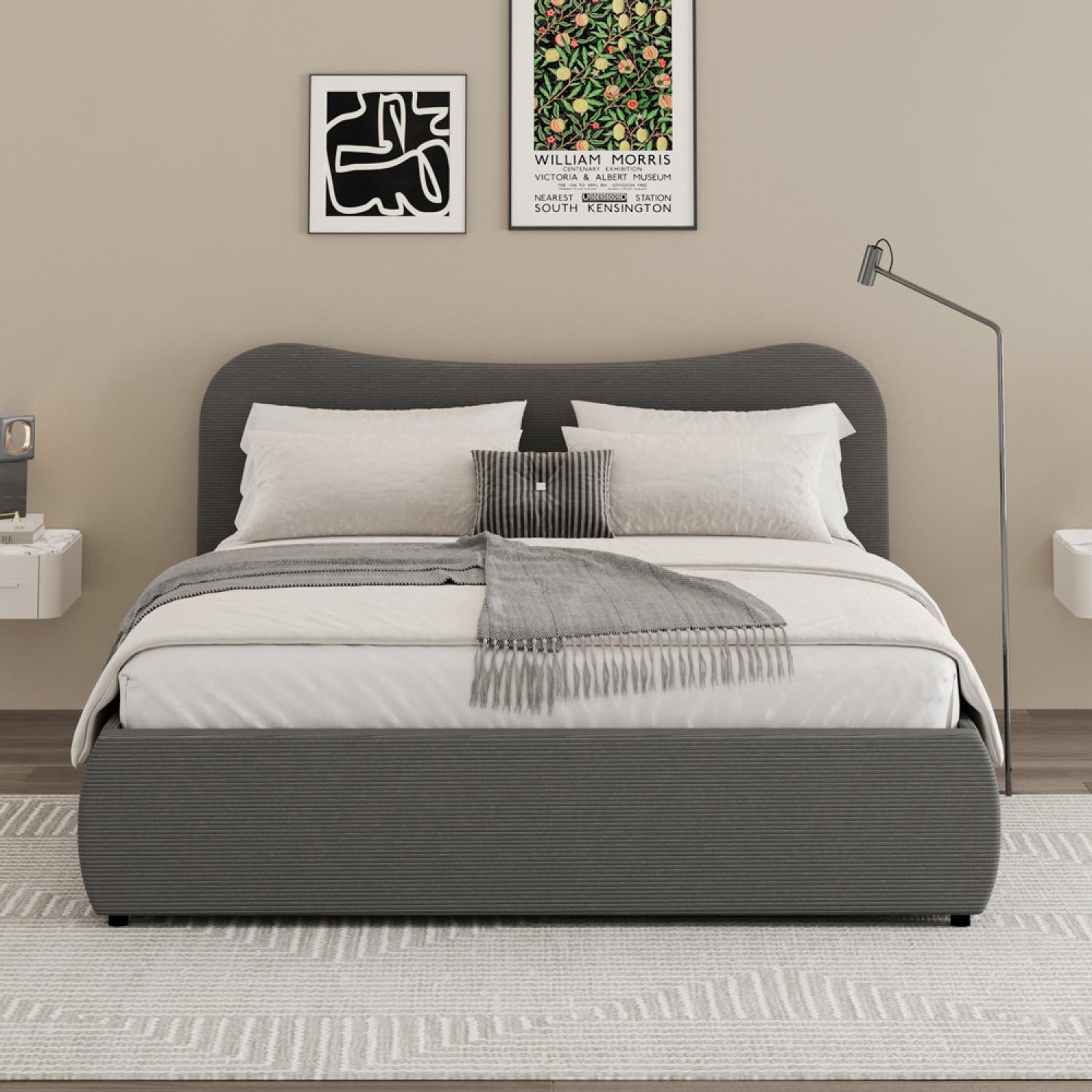 Voir la diapositive 3 : CONCEPT USINE Lit coffre 160x200cm design arrondi velours côtelé gris plano