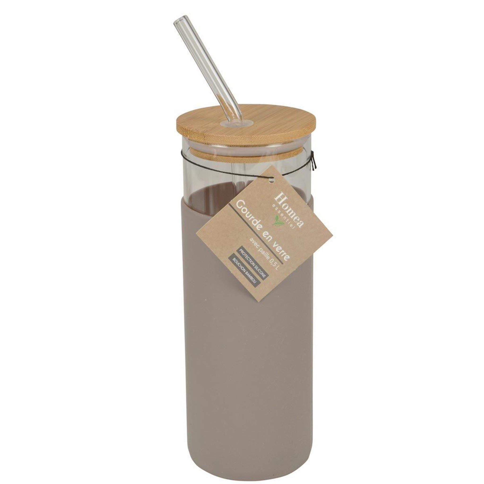 Voir la diapositive 2 : HOMEA Gourde & Paille en Verre  Silicone  0,5L Taupe
