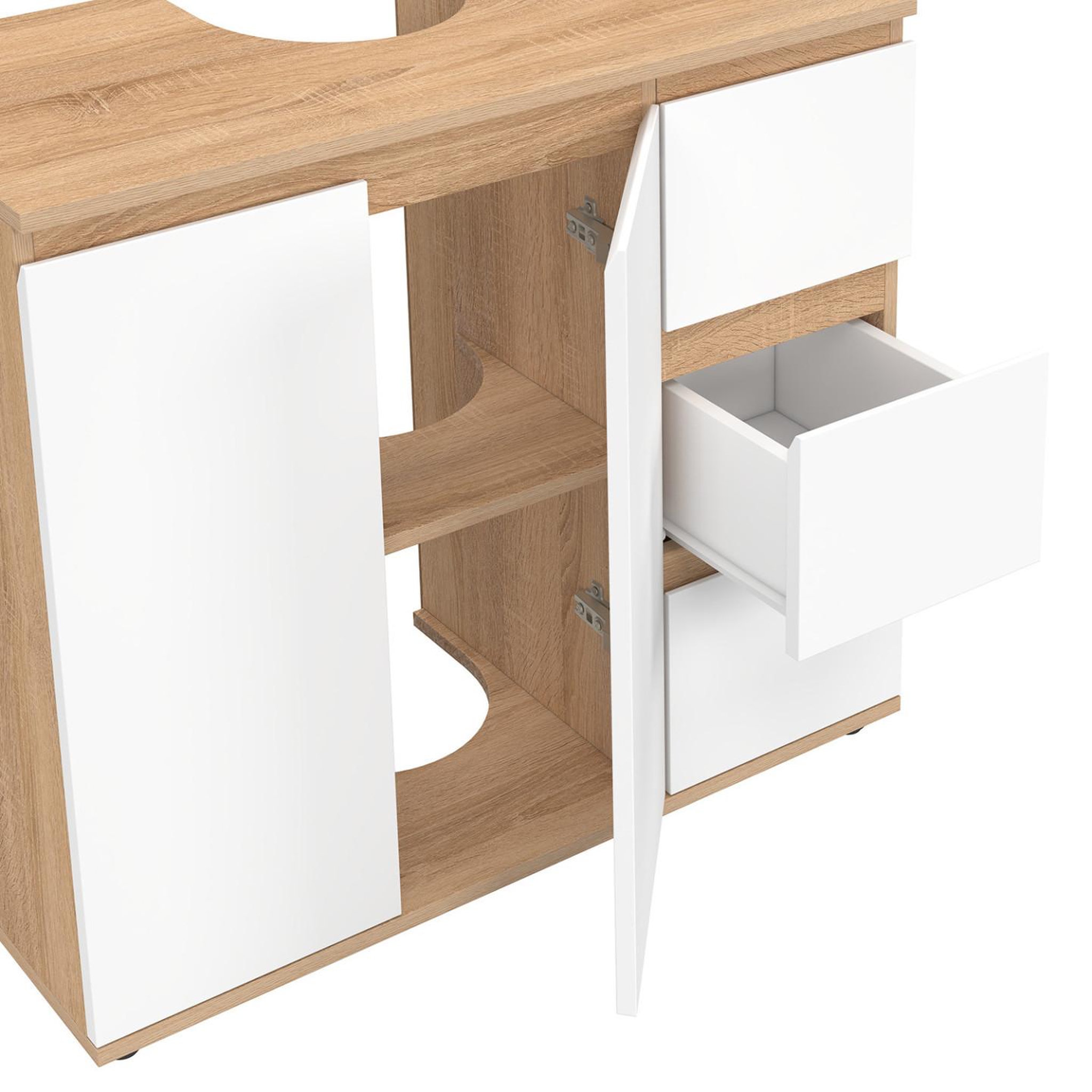 Voir la diapositive 6 : ID MARKET Meuble sous lavabo salle de bain tomi avec placard et 3 tiroirs façon hêtre et blanc