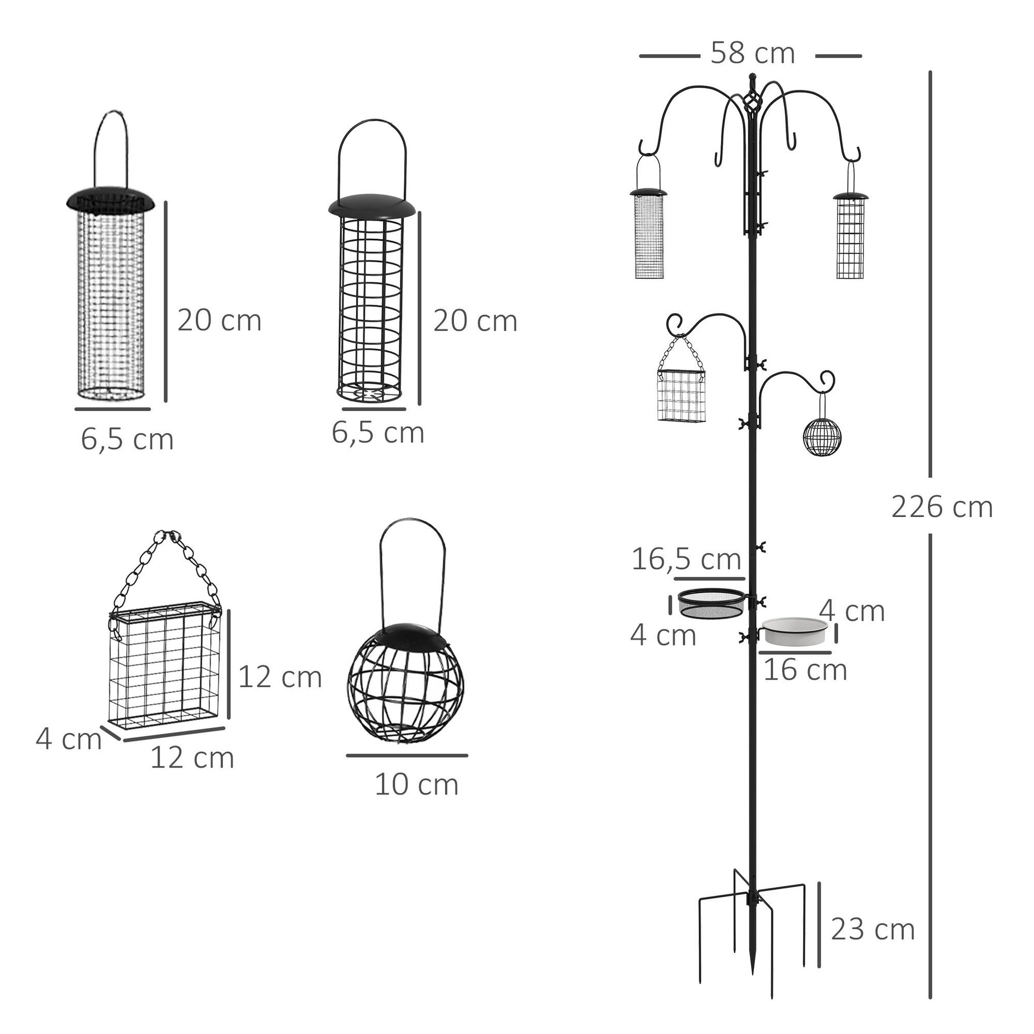 Voir la diapositive 3 : PAWHUT Mangeoire à oiseaux complet h.2,26 m style rustique chic - 6 crochets réglables, 4 mangeoires, plateau d'alimentation, grand bain, 4 piquets d'ancrage au sol - acier époxy aspect fer forgé