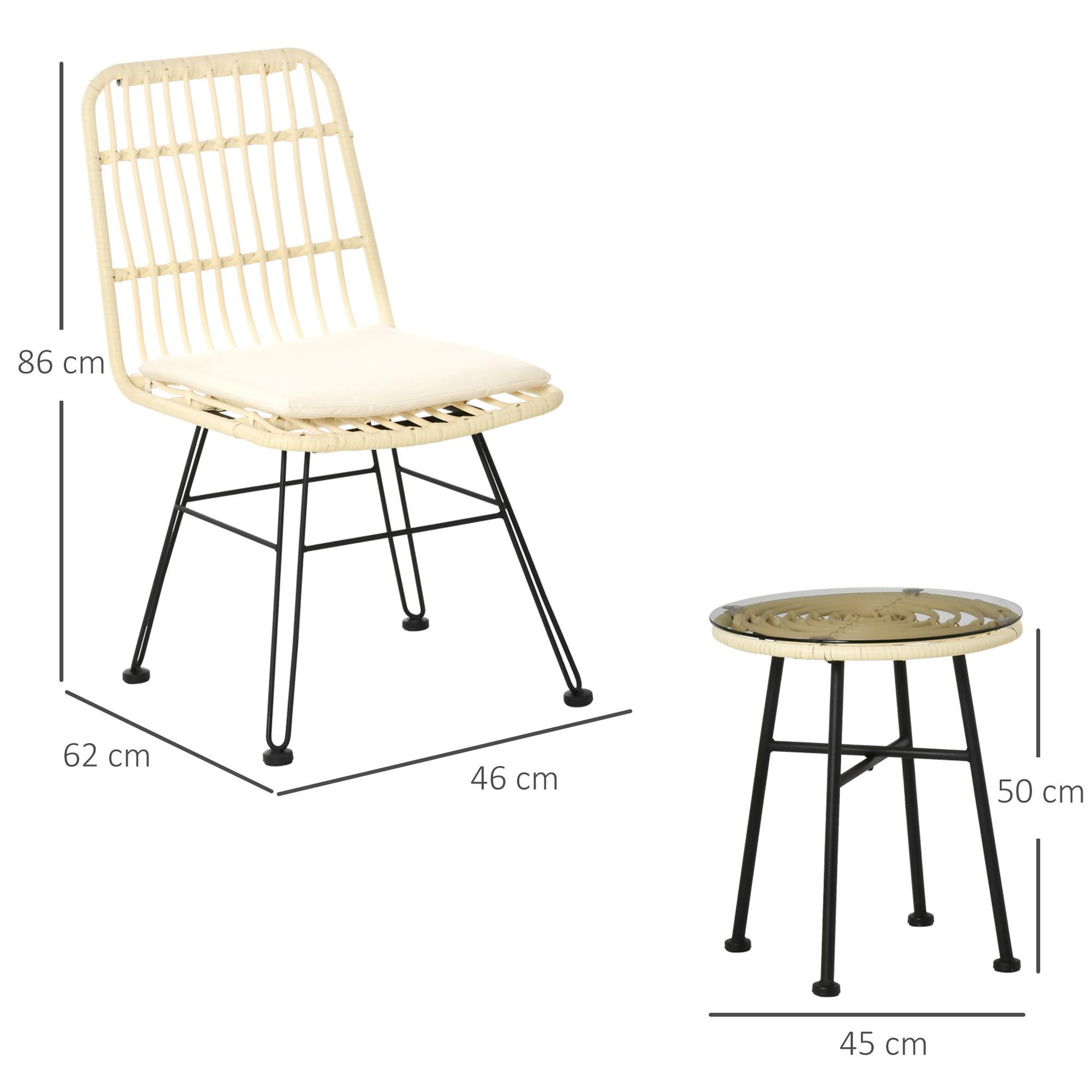 Voir la diapositive 3 : OUTSUNNY Ensemble bistro de jardin 2 places 3 pièces style exotique 2 chaises + table basse ronde métal époxy noir résine tressée beige