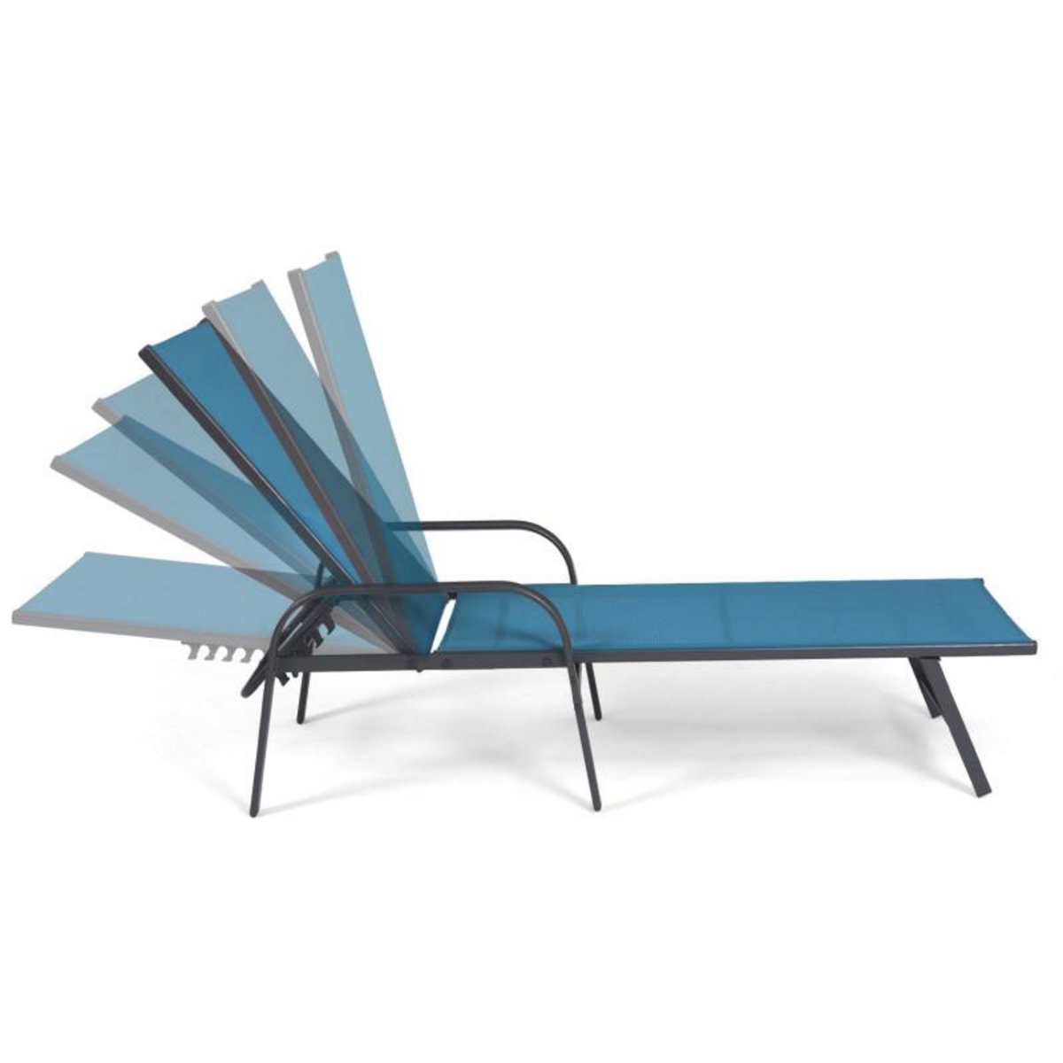 ID MARKET Lot de 2 transats de jardin inclinables FIDJI en acier gris anthracite et toile bleu canard