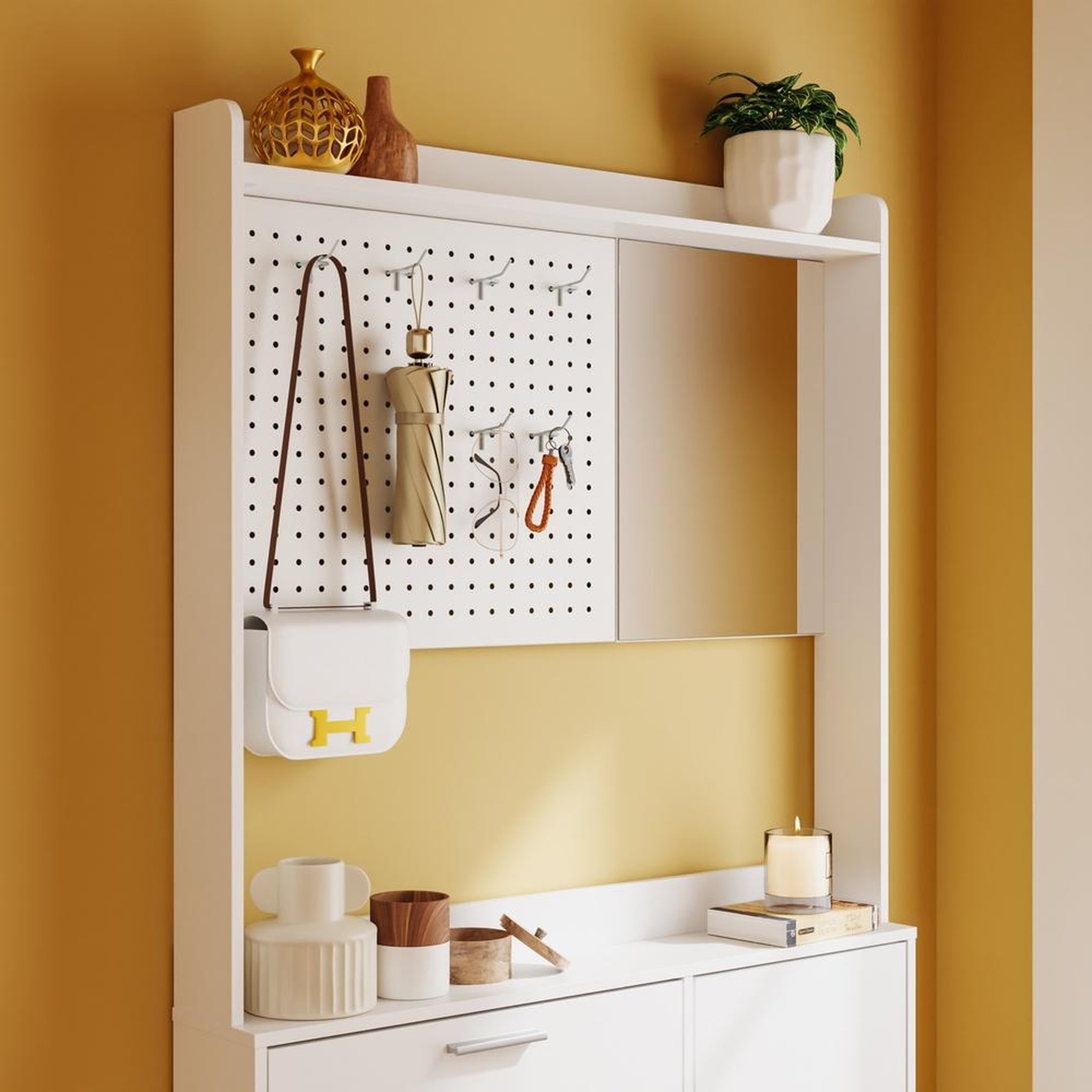 Voir la diapositive 6 : SOBUY Armoire à chaussures blanche avec miroir, meuble d'entrée 10 paires, 83x14x197 cm