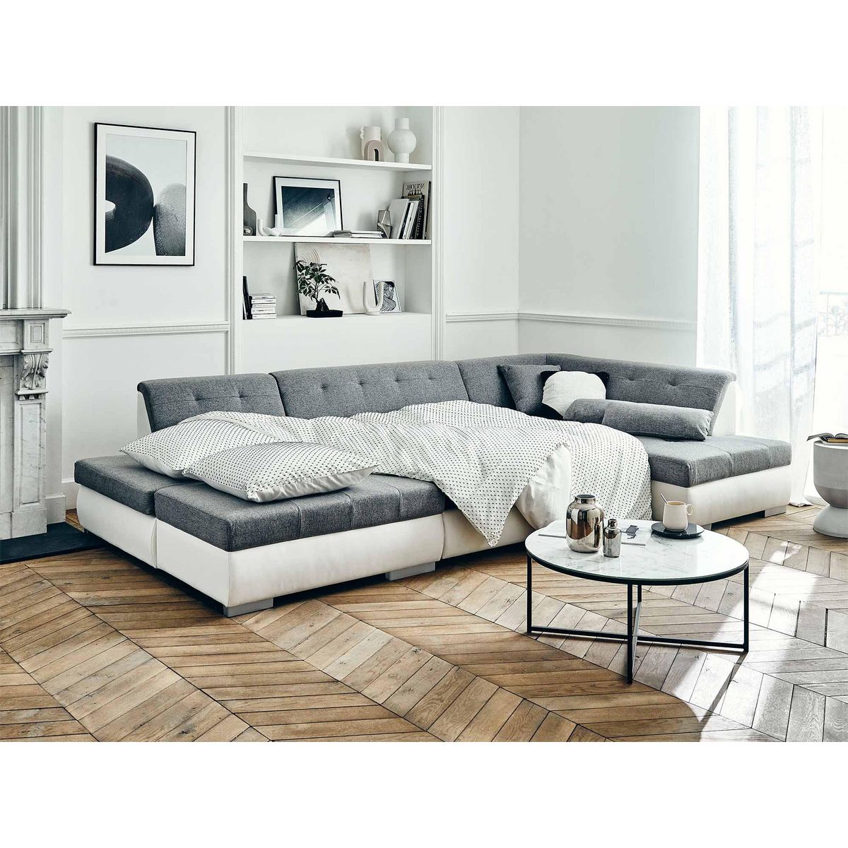 LISA DESIGN Vermont - canapé panoramique d'angle droit - 7 places - convertible - en simili et tissu