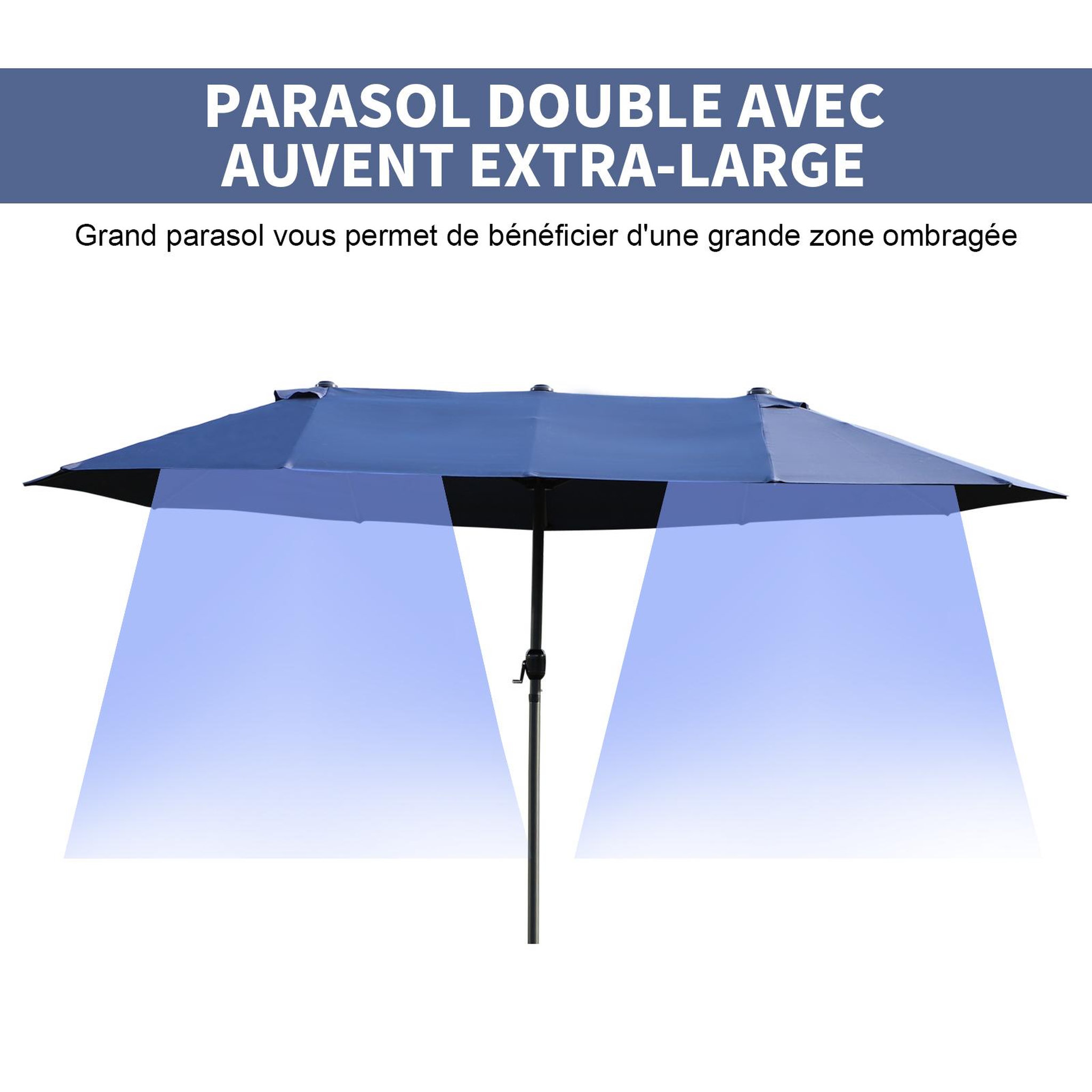 Voir la diapositive 4 : OUTSUNNY Parasol de jardin XXL parasol grande taille 4,6L x 2,7l x 2,4H m ouverture fermeture manivelle acier polyester haute densité bleu