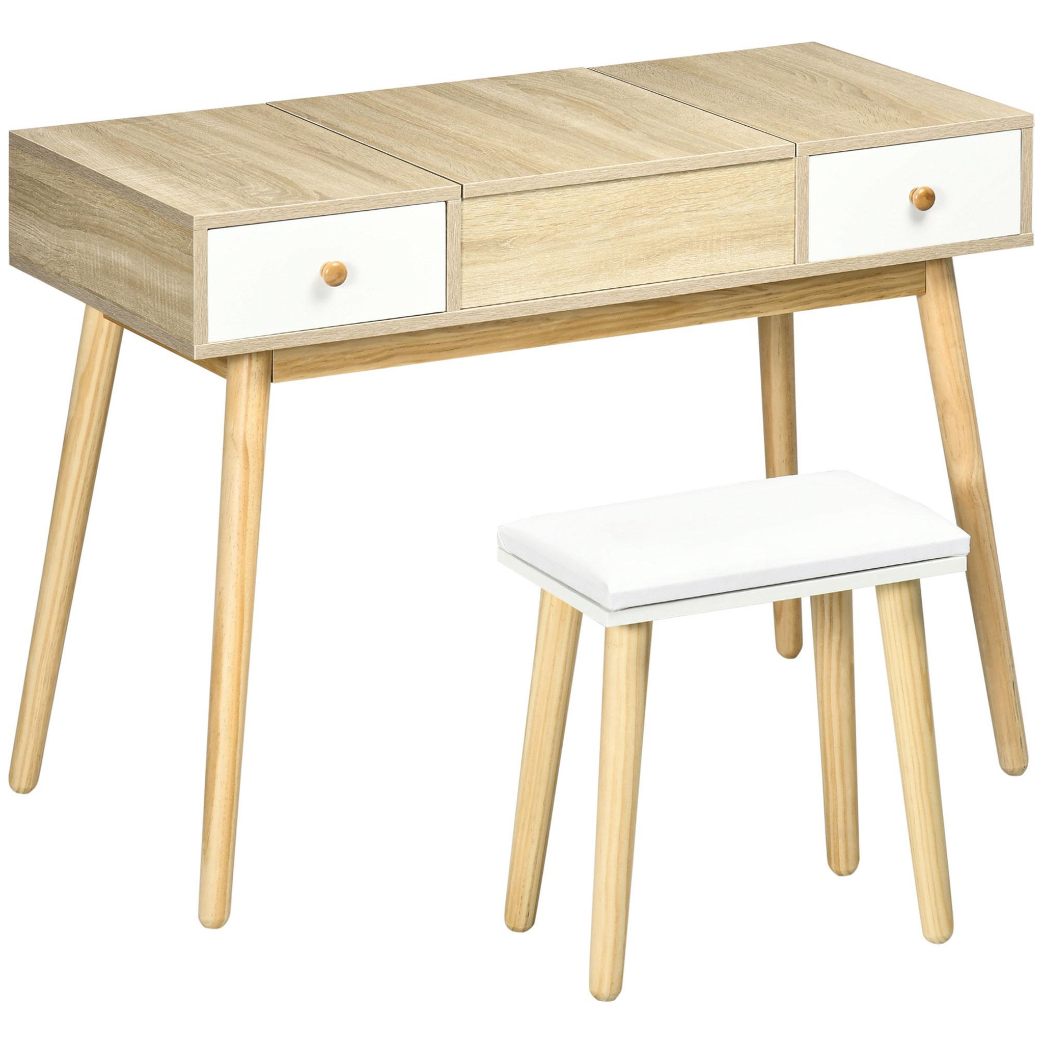 Voir la diapositive 4 : HOMCOM Coiffeuse avec tabouret style scandinave - 2 tiroirs, compartiment porte miroir -  panneaux aspect chêne clair blanc