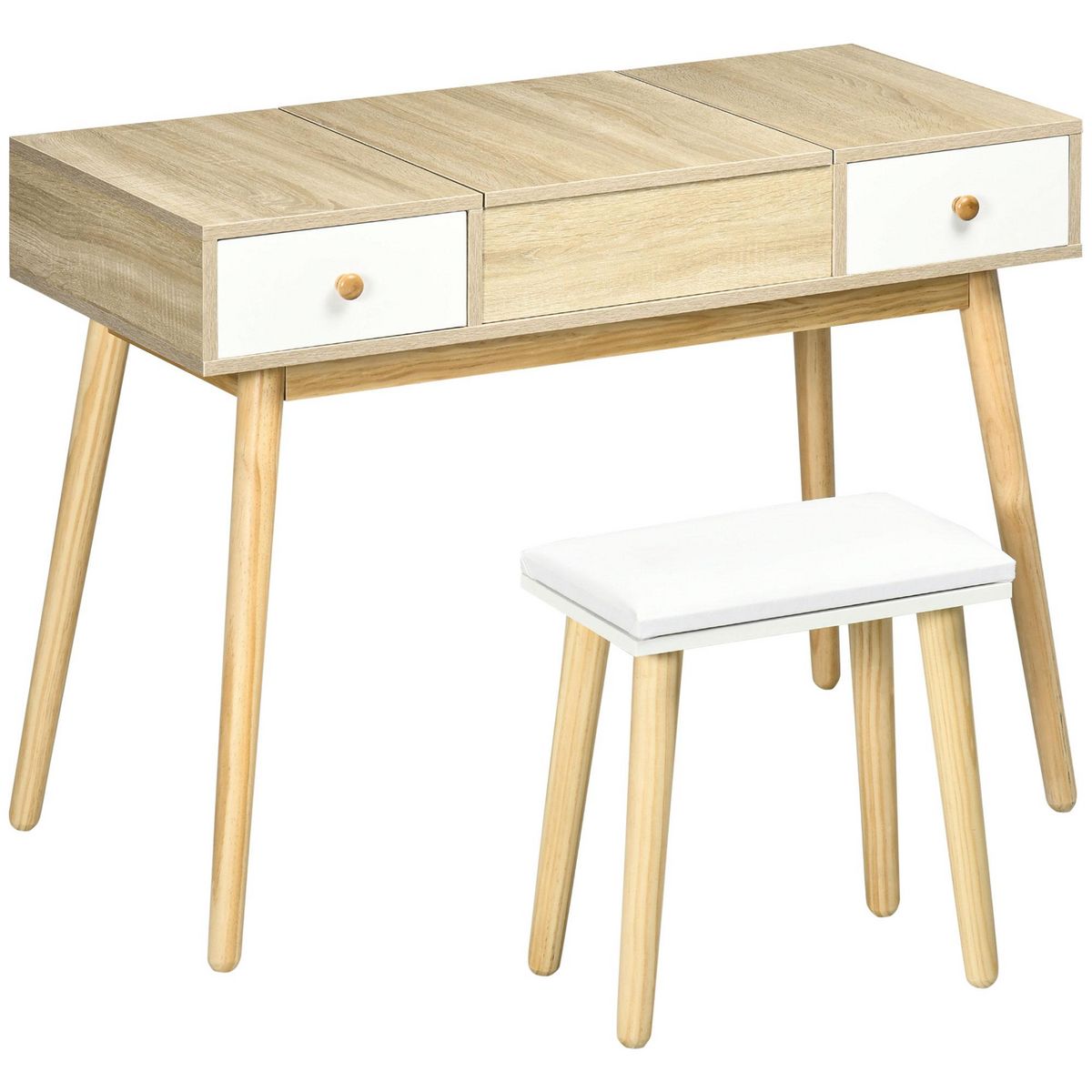 HOMCOM Coiffeuse avec tabouret style scandinave - 2 tiroirs, compartiment porte miroir -  panneaux aspect chêne clair blanc