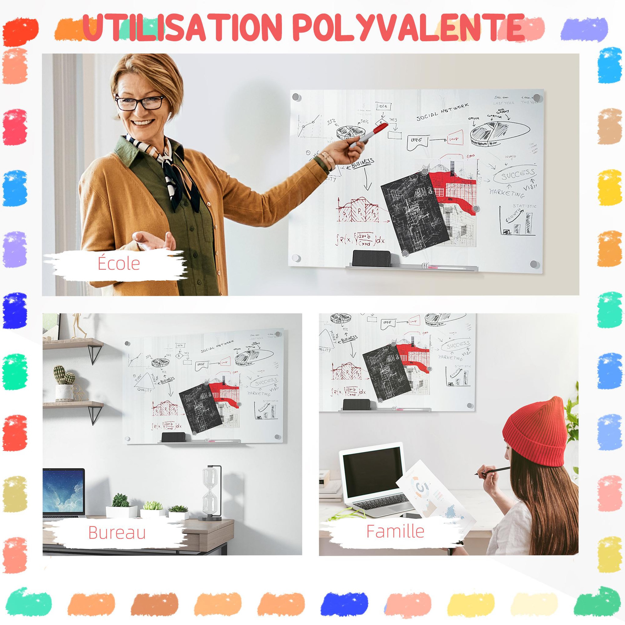 Voir la diapositive 6 : VINSETTO Tableau magnétique en verre dim. 90l x 60l cm - gouttière alu, matériel de fixation et accessoires inclus - blanc mat