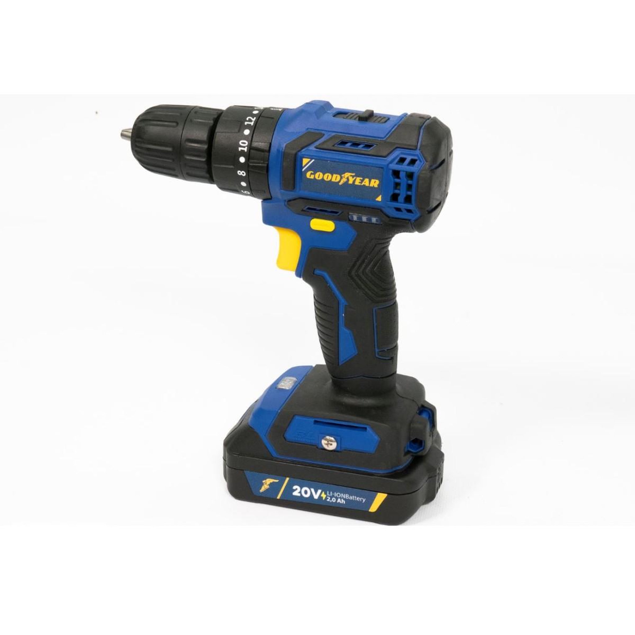 Voir la diapositive 2 : GOODYEAR Perceuse visseuse à percussion 20V Brushless Batterie lithium 2,0Ah + 11 Accessoires Malette GOODYEAR