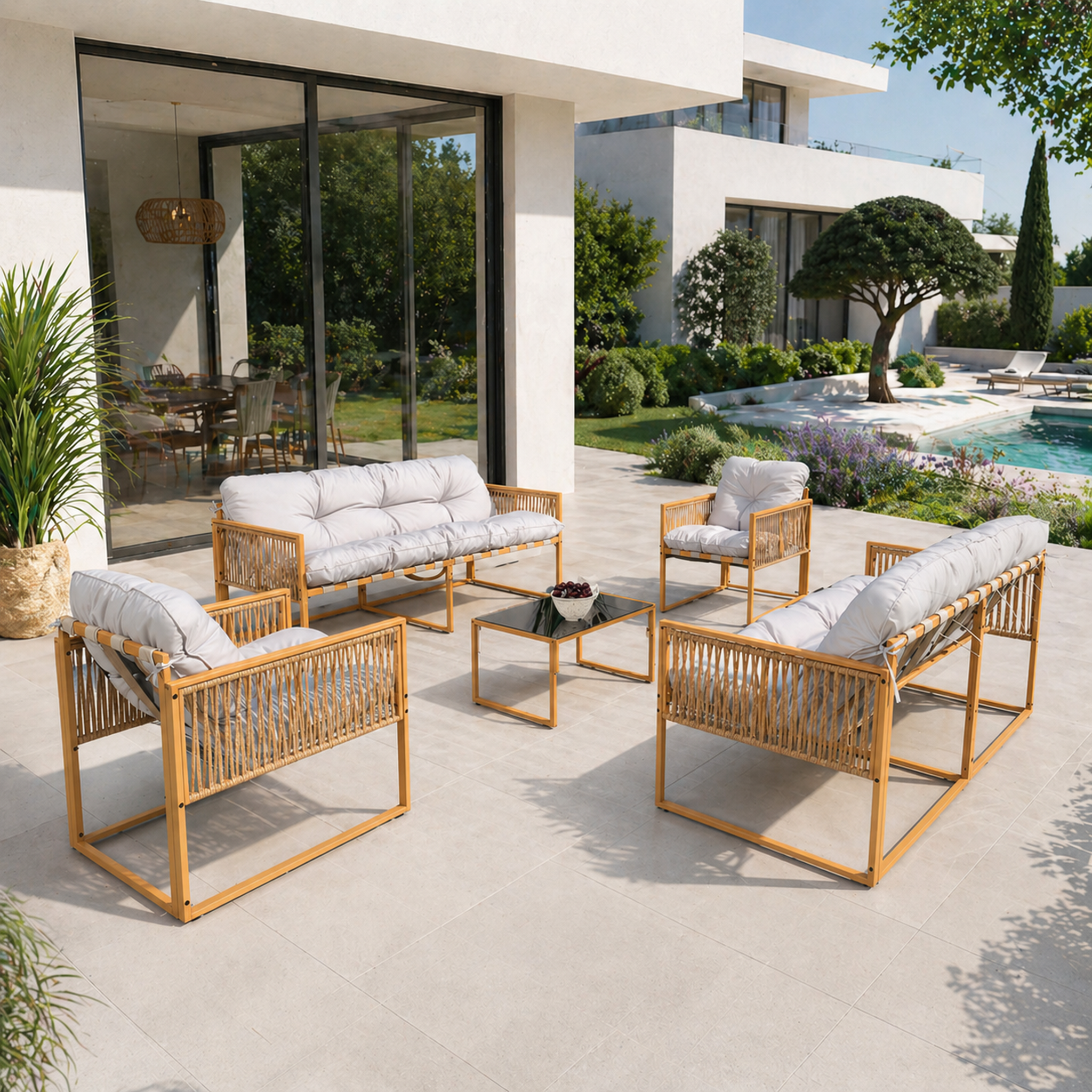 Voir la diapositive 2 : CONCEPT USINE Salon de jardin 8 places effet rotin coussins gris clair turini