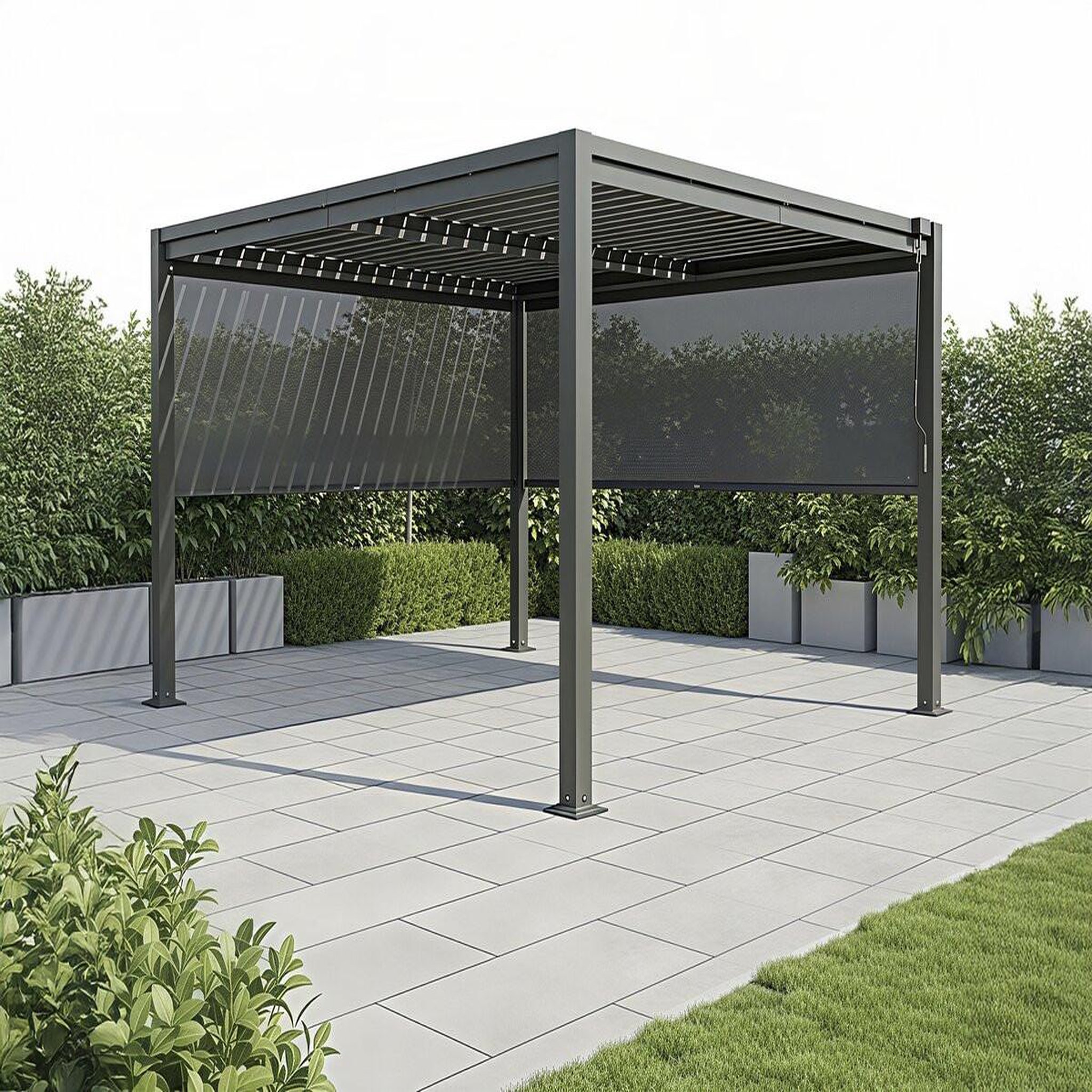 Voir la diapositive 2 : Habitat et Jardin Pergola bioclimatique avec 2 stores en acier galvanisé  howard  - 3 x 4 m - gris