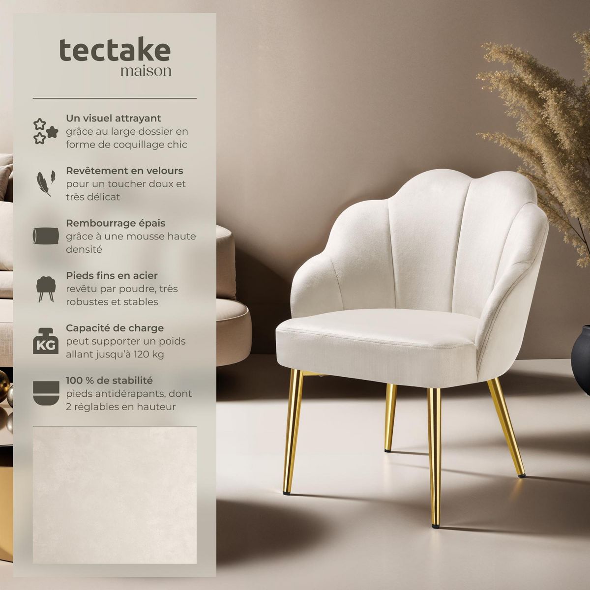tectake Fauteuil cocktail rembourré en velours crème/or Lot de 2