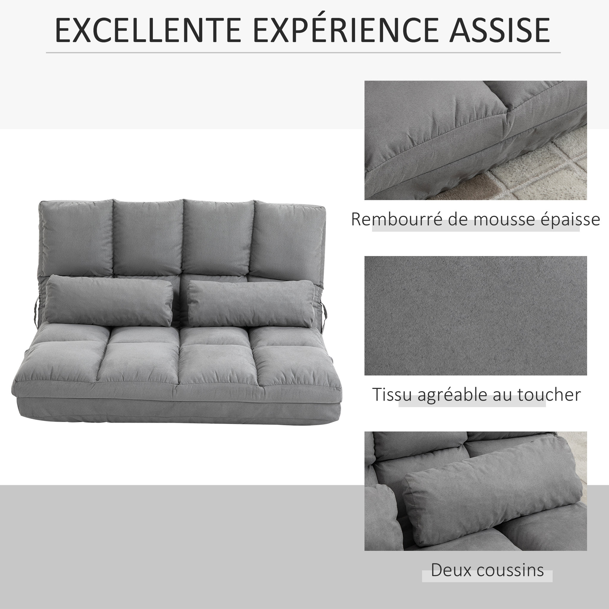 Voir la diapositive 6 : HOMCOM Chauffeuse - matelas d'appoint pliant - fauteuil convertible - inclinaison dossier réglable 14 positions - 2 coussins inclus - polyester aspect suédé gris