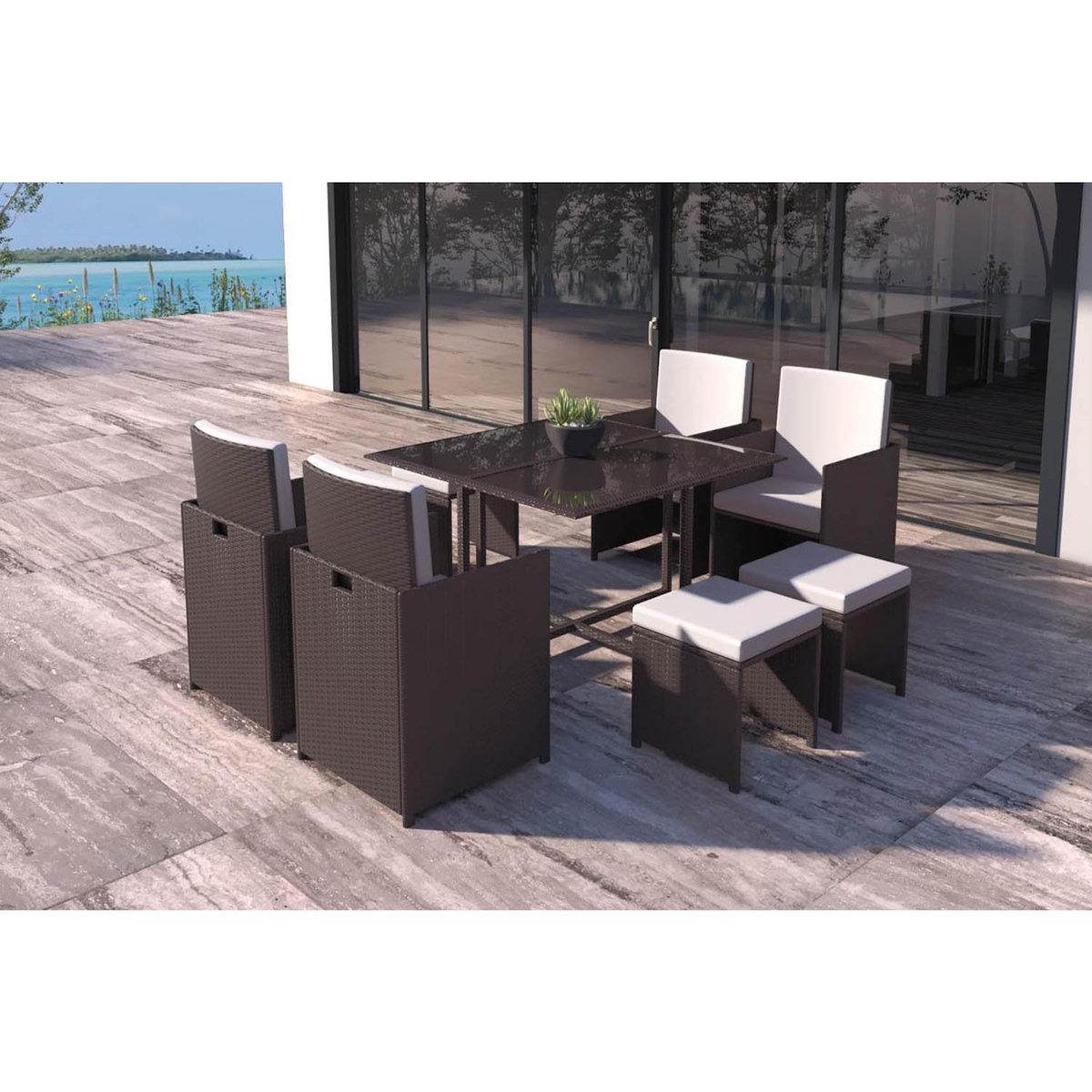 CONCEPT USINE Salon de jardin encastrable Marron-Blanc 8 places FLORIDA