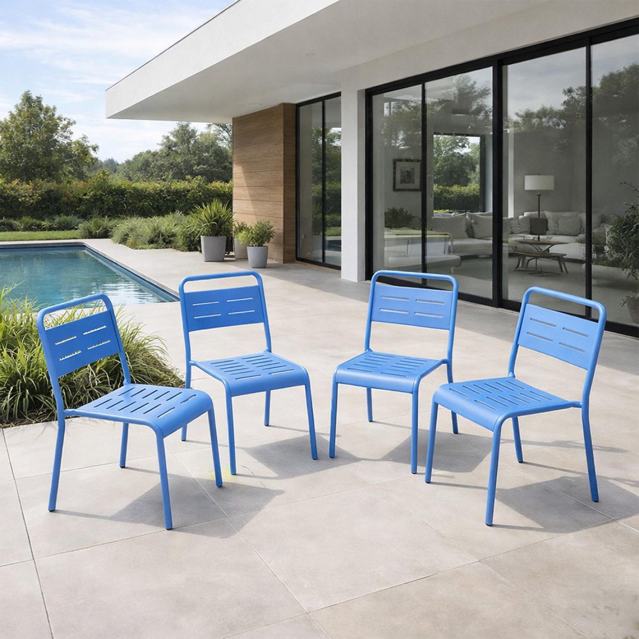 Voir la diapositive 2 : CONCEPT USINE Ensemble de 4 chaises de jardin empilables bleues bergame
