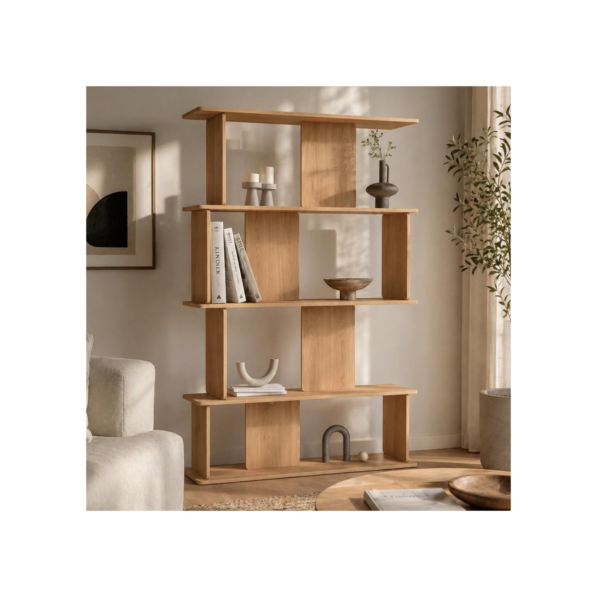Voir la diapositive 2 : ID MARKET Etagère 4 niveaux japandi capucine asymétrique façon hêtre design arrondi