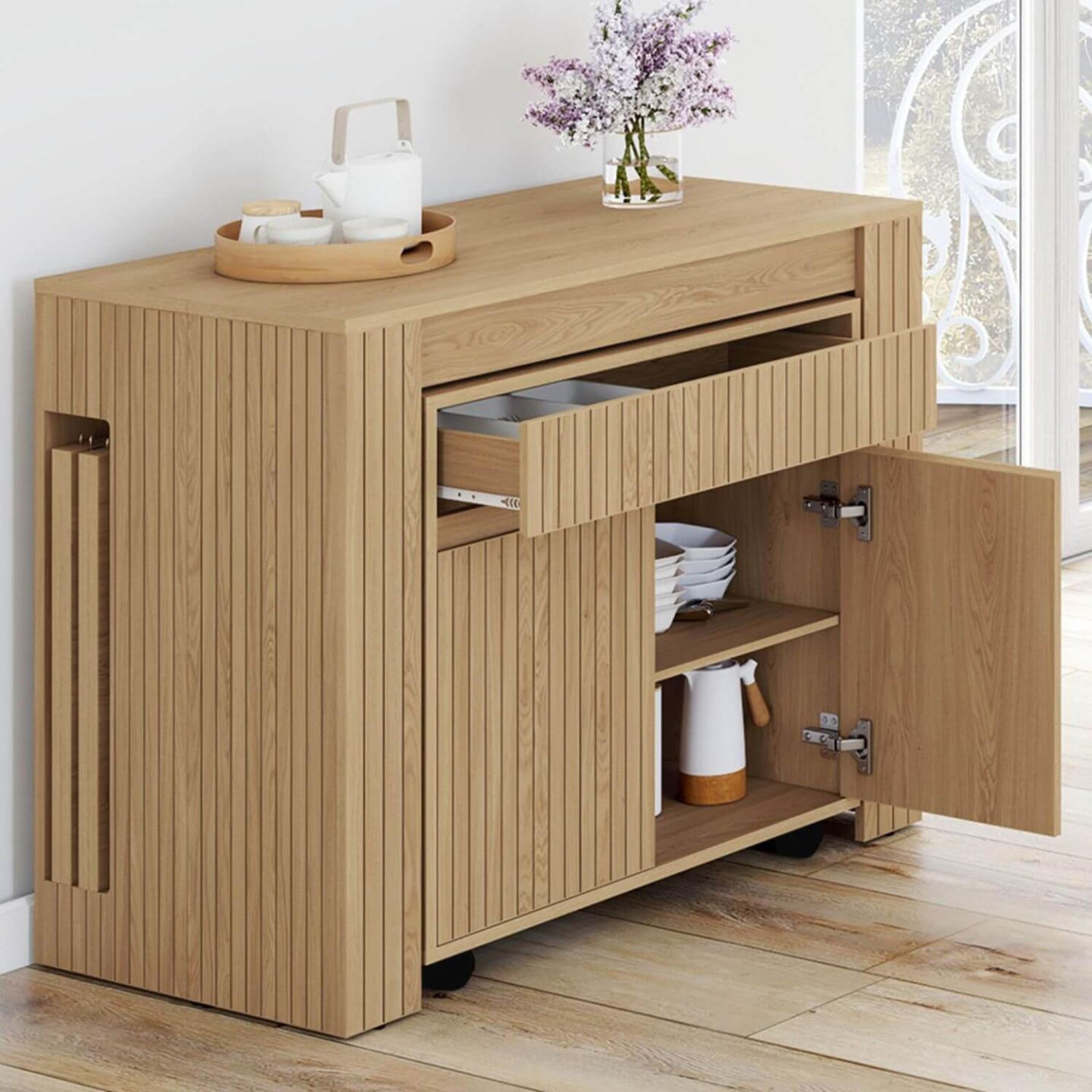 Voir la diapositive 3 : ID MARKET Table buffet extensible juliette 10 personnes 235 cm effet lattes tasseau bois coloris chêne