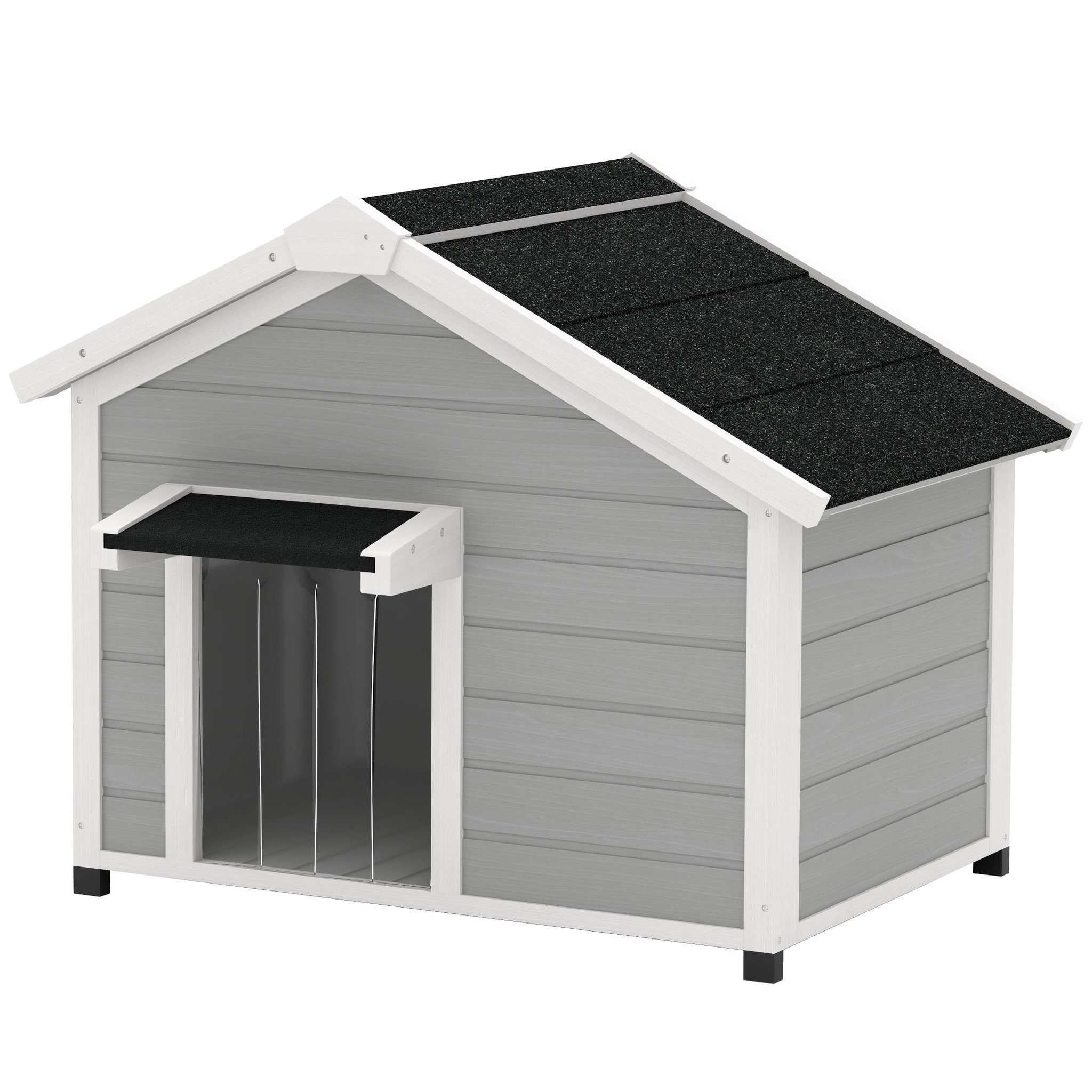 Voir la diapositive 1 : PAWHUT Niche chien sur pied design cottage - toit bitumé ouvrant, 2 portes, rideau à lanières - bois blanc gris