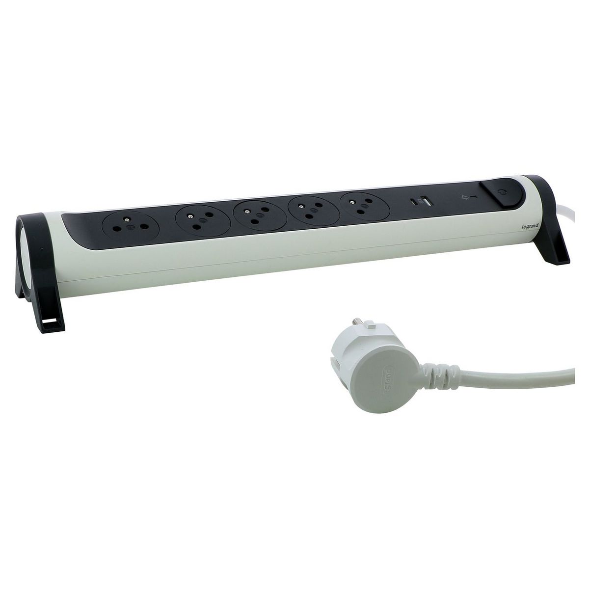 Trefiliaction  Rallonge 5x2P+T Surface - inter, cordon 1,5m, parafoudre et USB A+C- blanc/gris