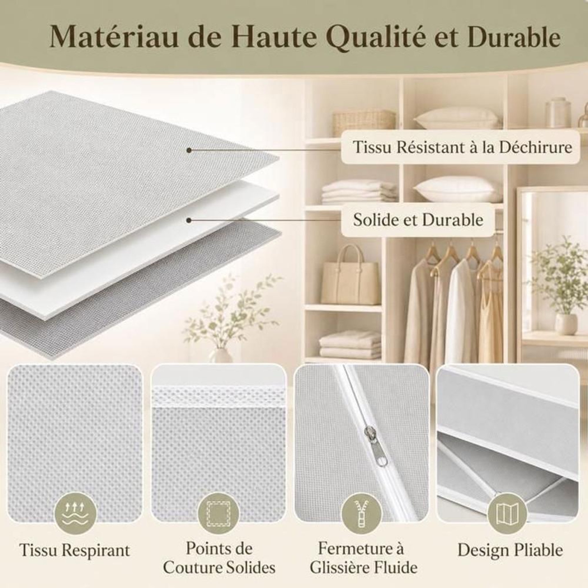 Voir la diapositive 5 : Set de 12 organisateurs de tiroir pliables en tissu, 3 tailles, hauteur 11,5 cm, gris clair