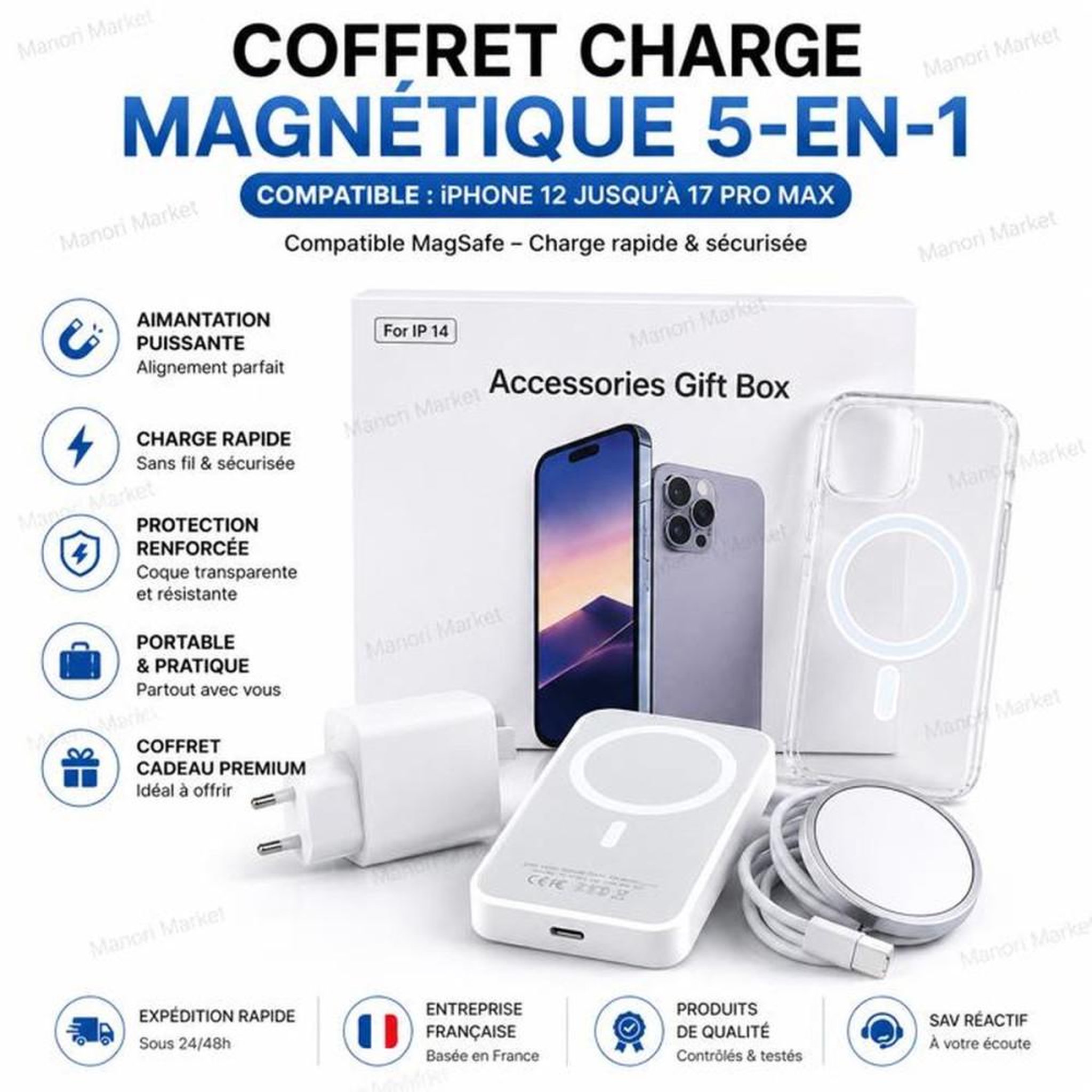 Voir la diapositive 2 : Coffret accessoires MagSafe 5-en-1 iPhone 13/14 avec power bank 5000 mAh, chargeur 20W, charge magnétique sans fil et coque transparente