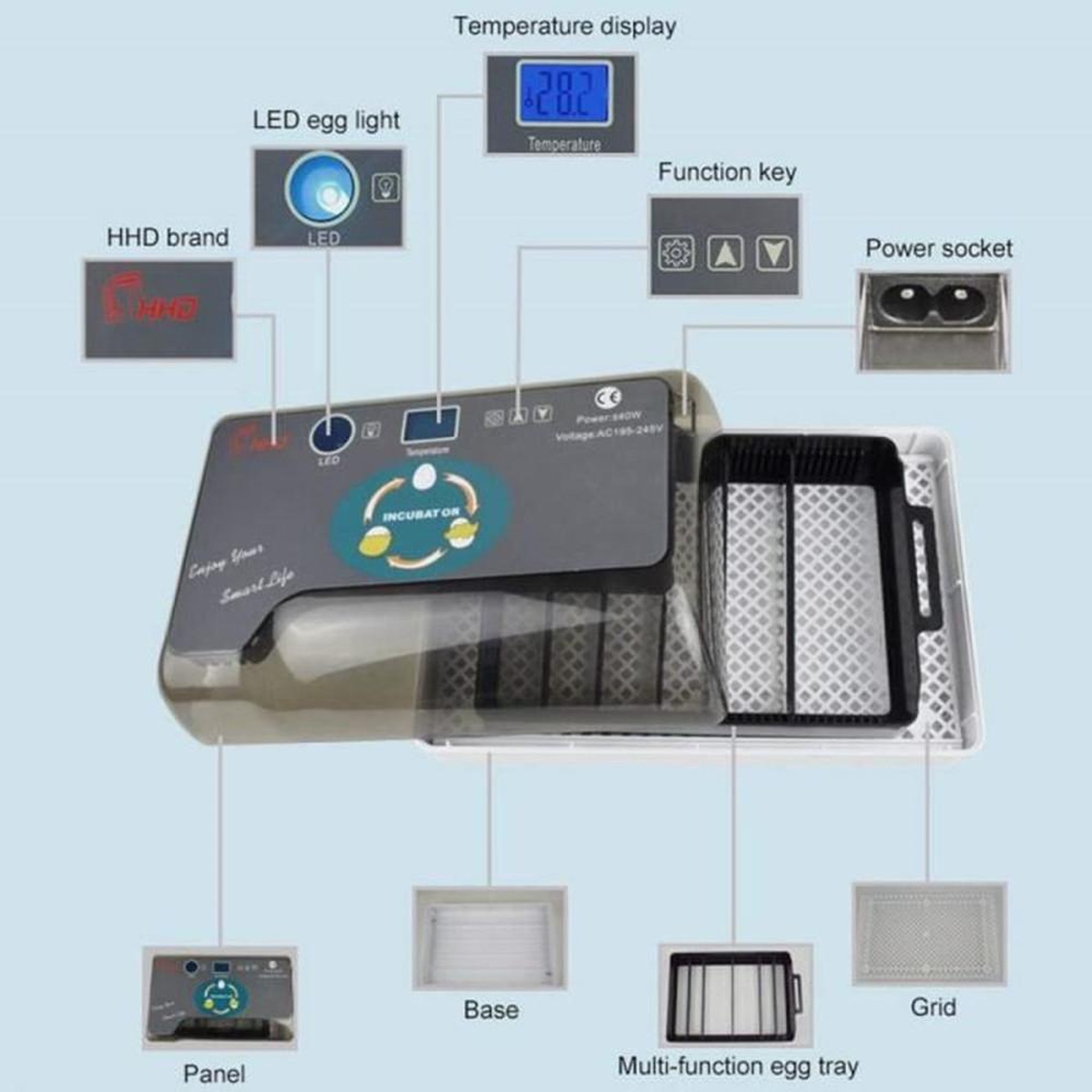 Voir la diapositive 4 : Couveuse automatique d'œufs avec éclairage LED dirigé et rotation automatique 12 œufs max, noir/gris, ABS