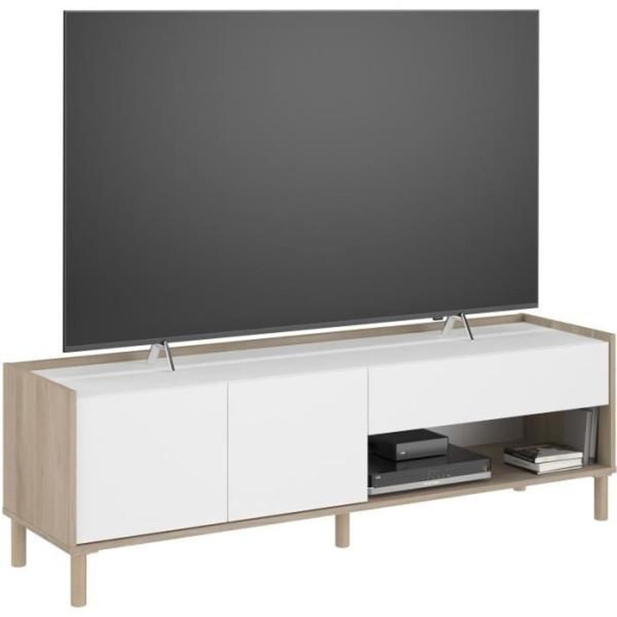 Voir la diapositive 2 : PARISOT Meuble tv morphos l 150 x p 40 x h 47,3 cm - décor blanc / chene - parisot