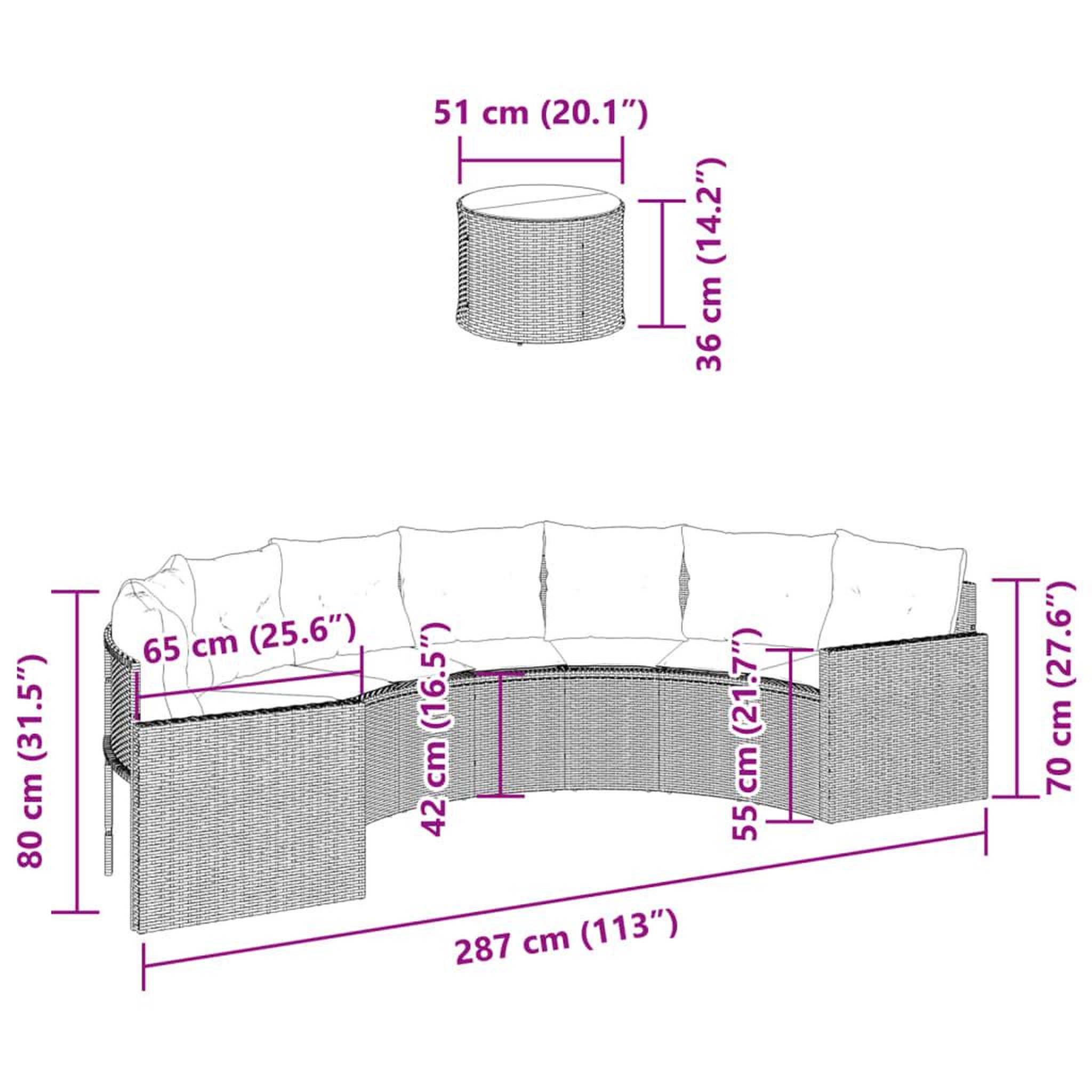 Voir la diapositive 6 : VIDAXL Canape de jardin table coussins demi-rond gris resine tressee