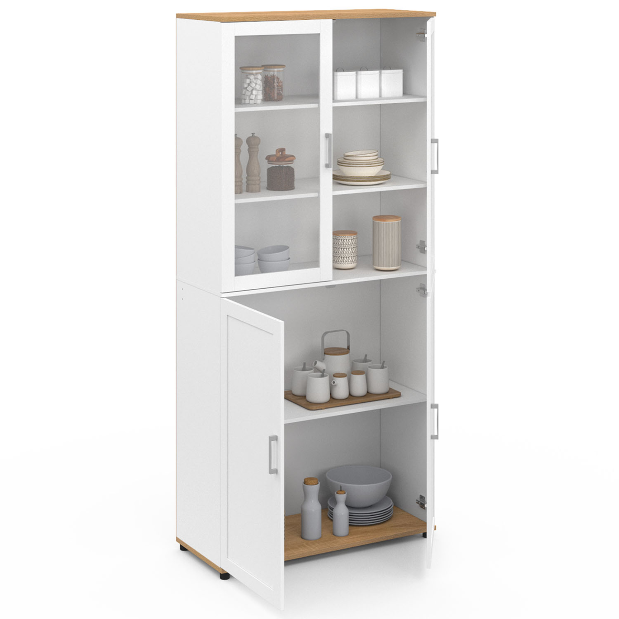 Voir la diapositive 4 : ID MARKET Meuble armoire colonne salle de bain vito 4 portes dont 2 vitrées blanc et bois