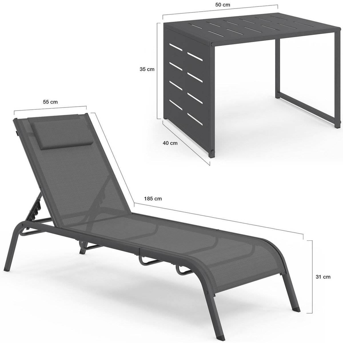 ID MARKET Lot de 2 transats de jardin inclinables BORA avec table d'appoint modulable en acier gris anthracite et toile grise