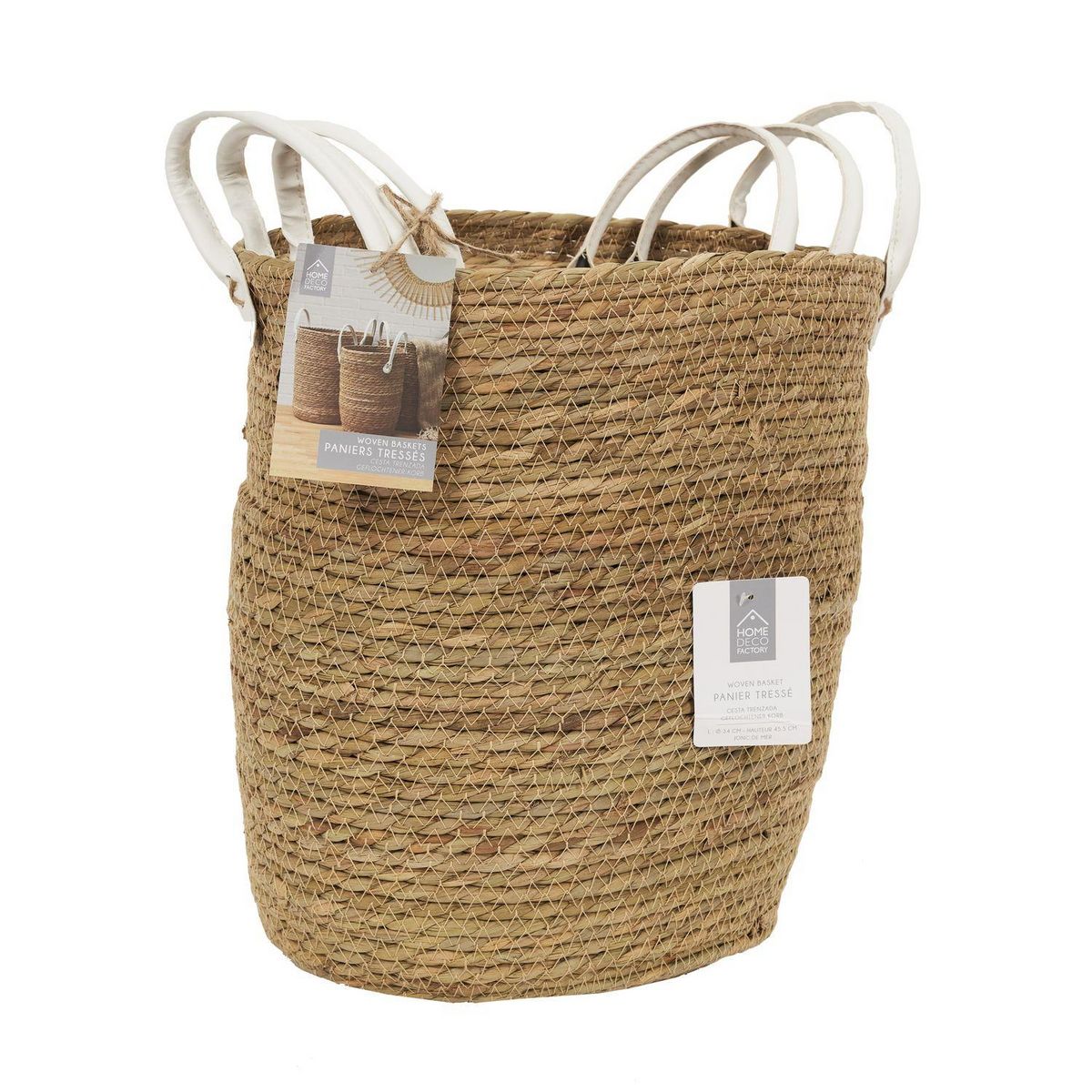 TOILINUX Lot de 3 paniers tressés avec 2 anses en simili - Beige et Blanc