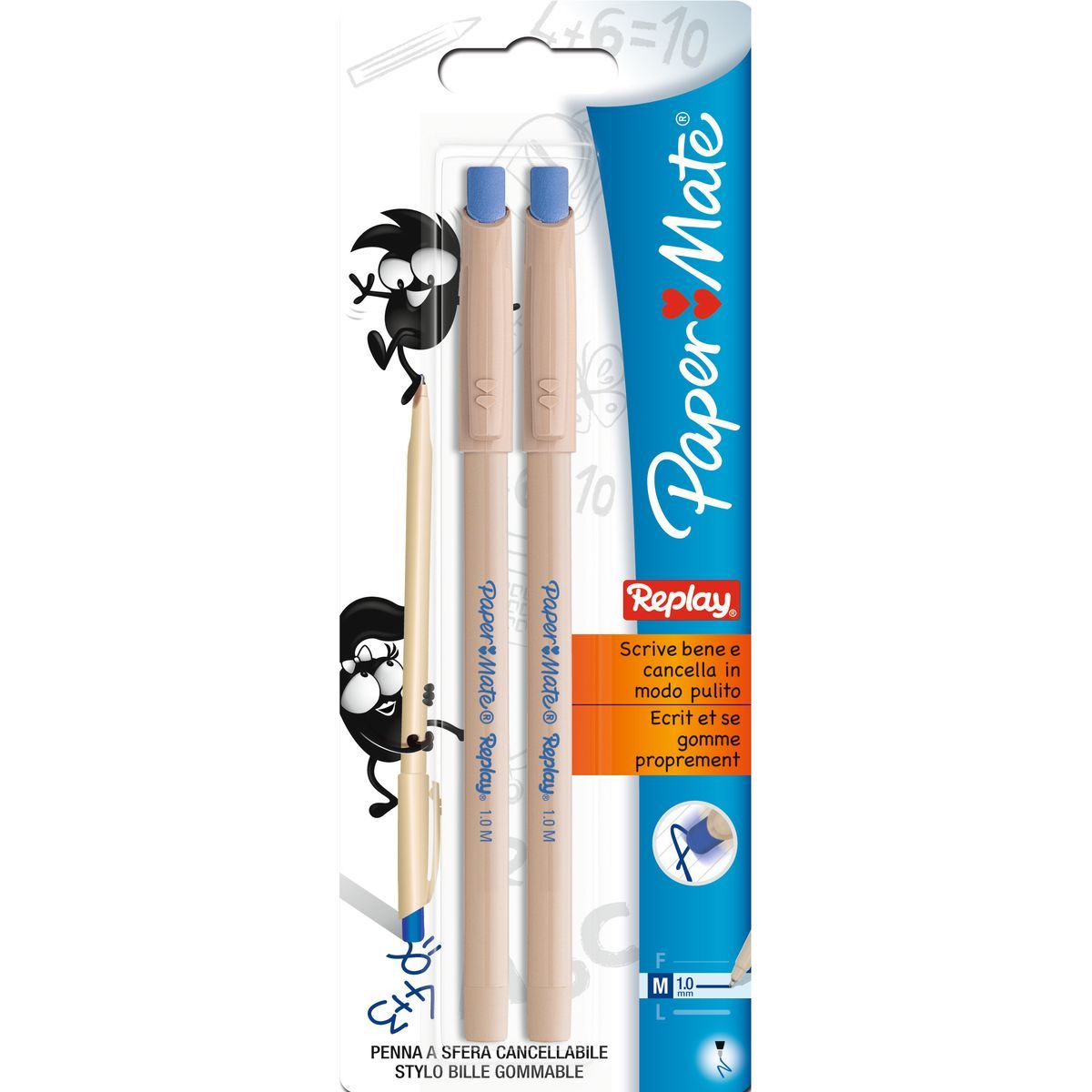 PAPERMATE Lot de 2 stylos bille gommable pointe moyenne Replay encre bleue