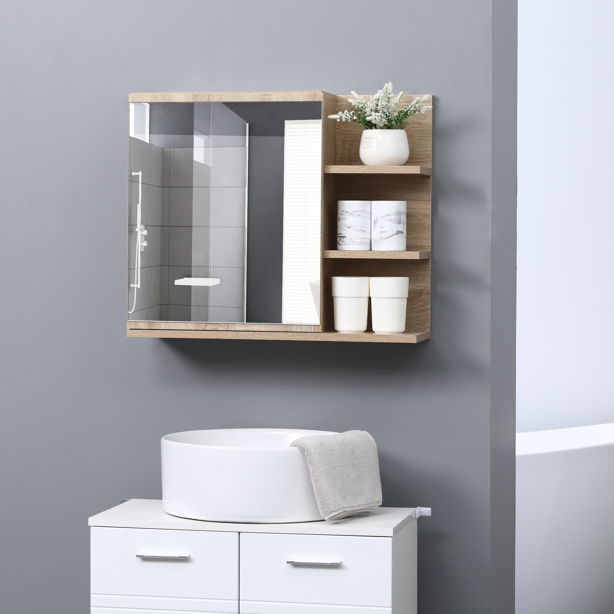 Voir la diapositive 2 : KLEANKIN Armoire miroir de salle de bain avec étagère - 3 étagères latérales - kit installation murale fourni - panneaux particules aspect chêne clair