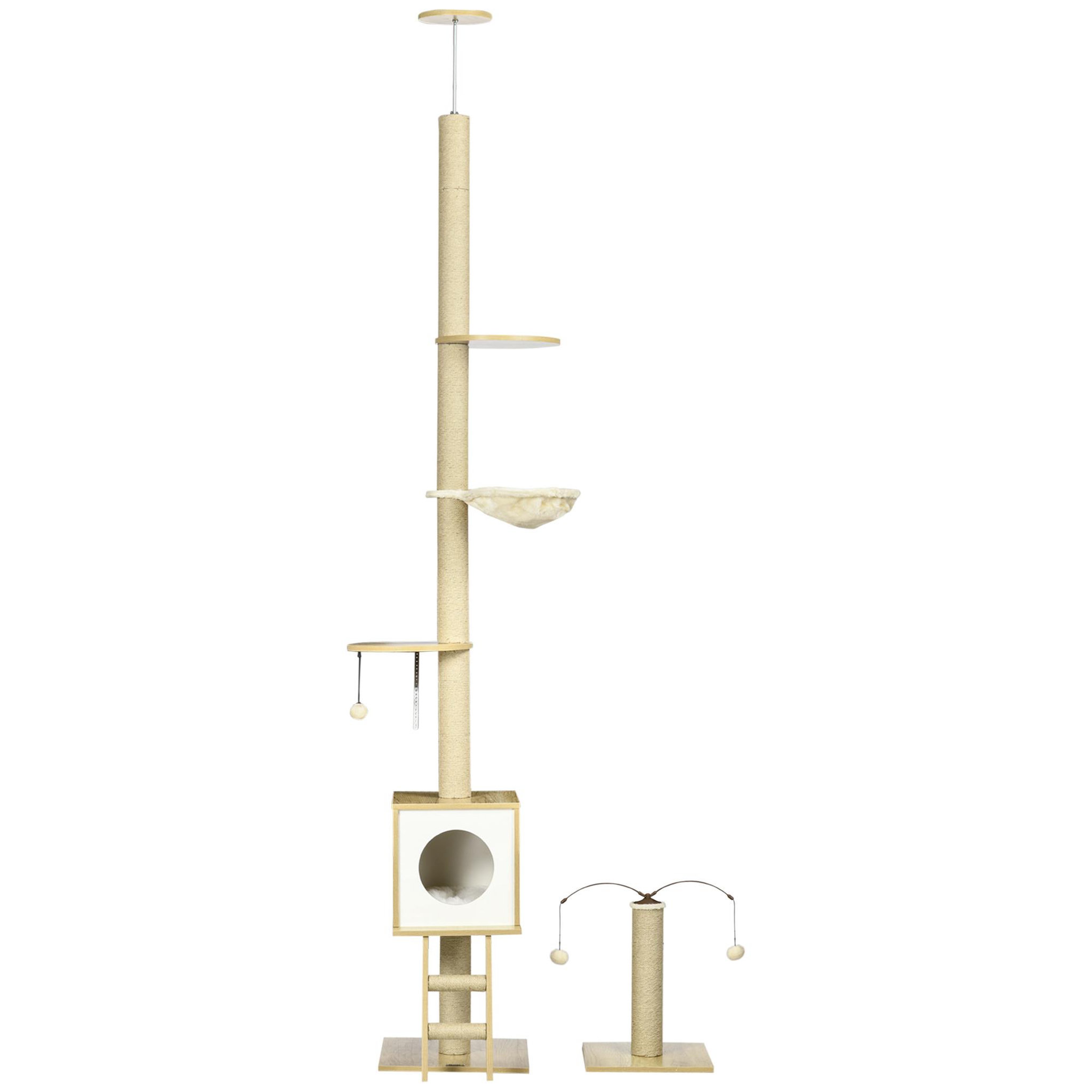 PAWHUT Arbres à chat 2 pièces style nordique - hauteur réglable 225-285h cm - multi-équipement - panneaux aspect chêne clair jute