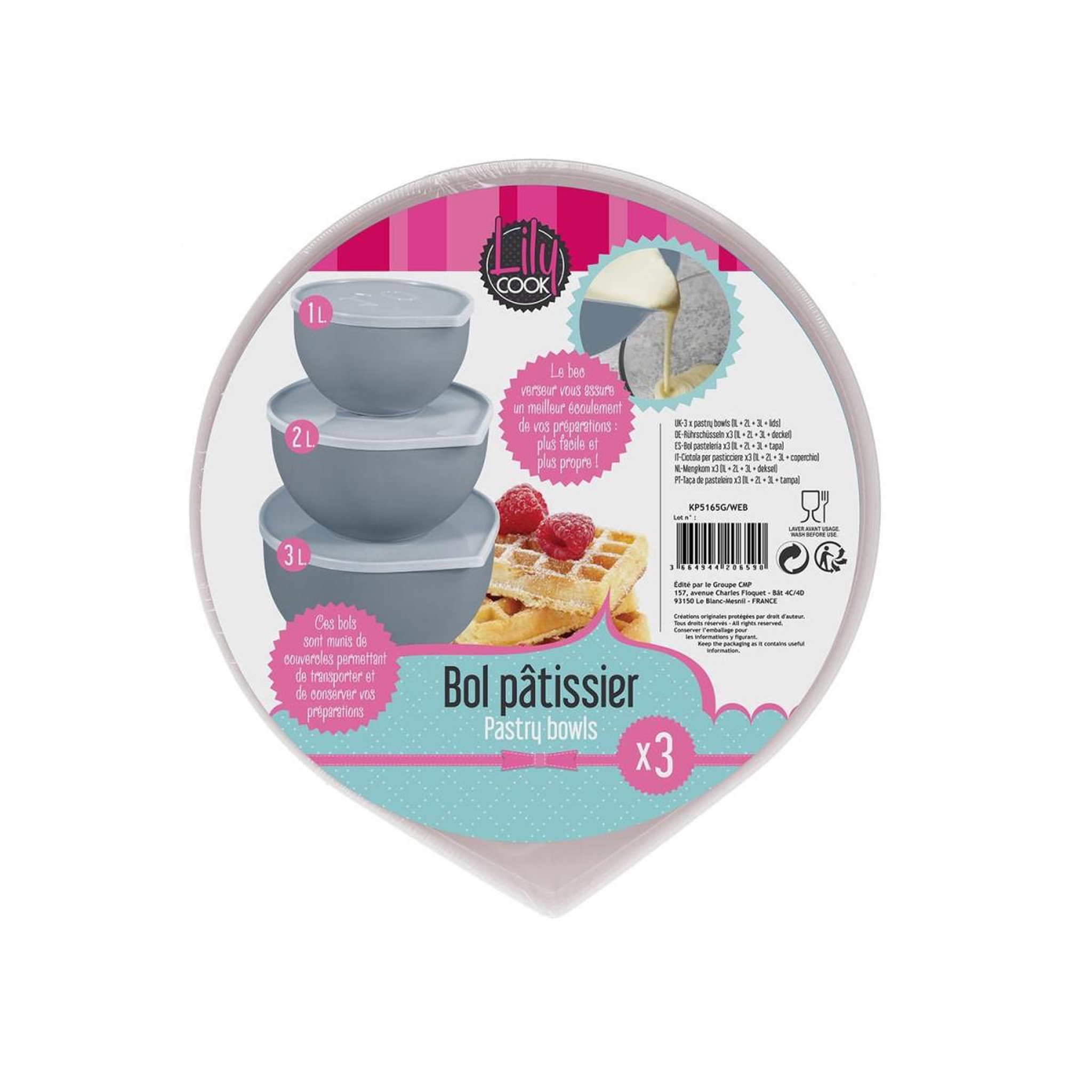 Voir la diapositive 3 : Lily Cook Lot de 3 Bols Pâtissiers  Couvercles  24cm Gris