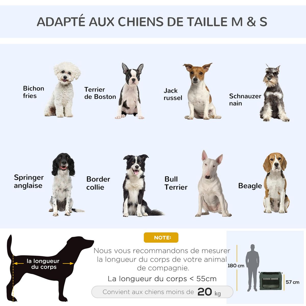 PAWHUT Sac de transport pliable pour chien chat - 2 poignées, 3 portes - dim. 79L x 57l x 57H cm - acier polyester gris