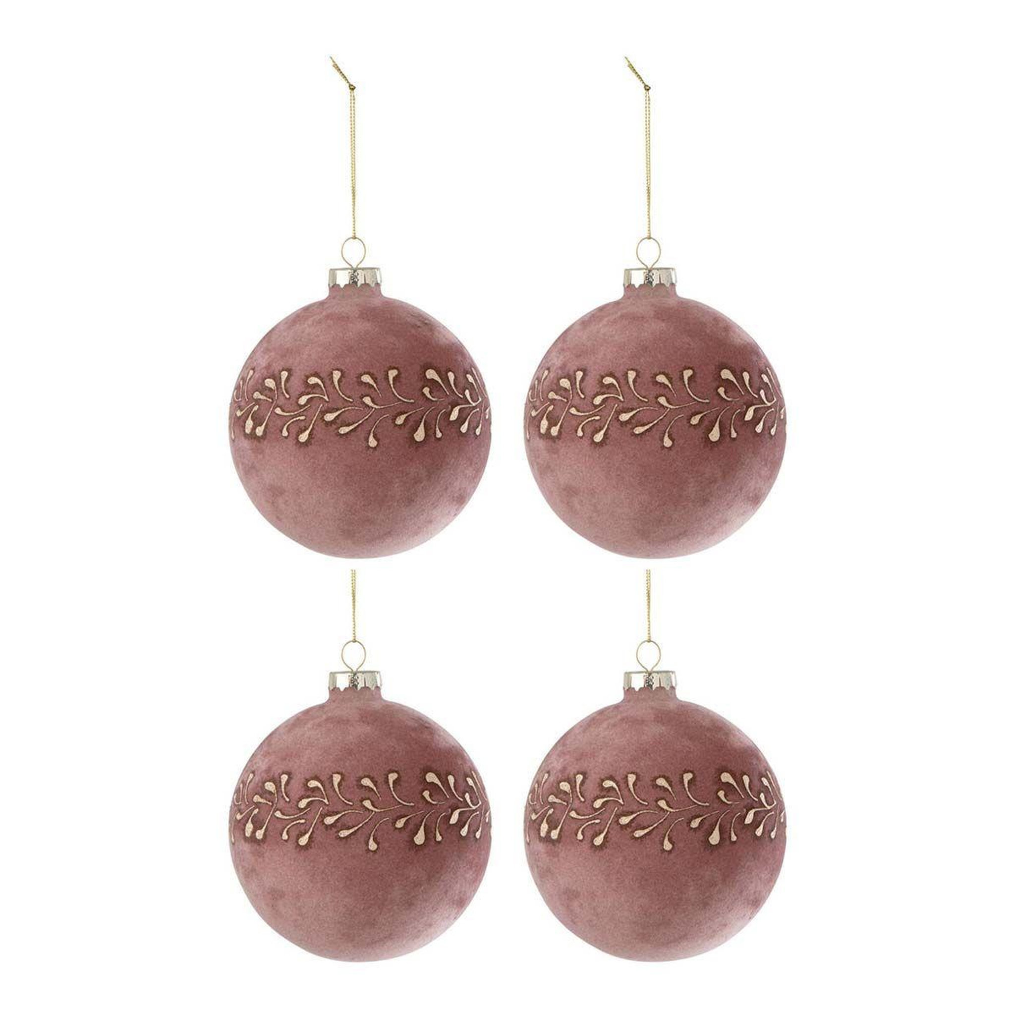 J-LINE Lot de 4 Boules de Noël Velours  Ely  10cm Rose