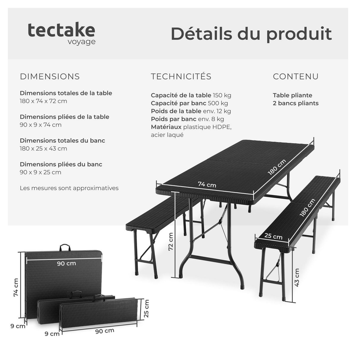 tectake Ensemble de table de camping pliable noir-aspect rotin