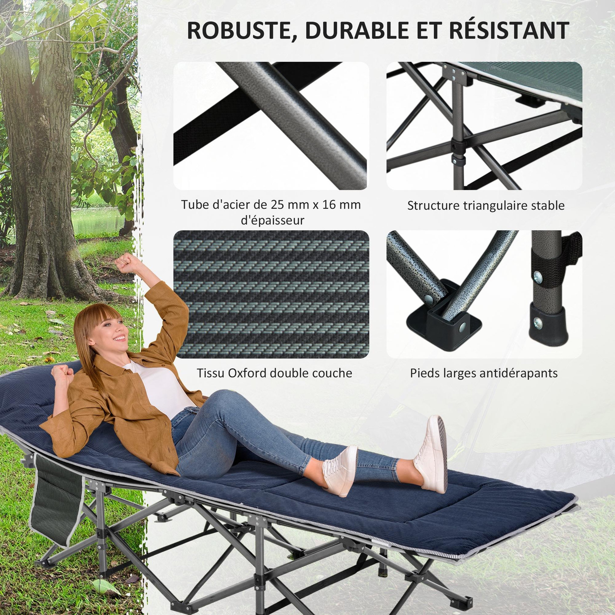 Voir la diapositive 5 : OUTSUNNY Lit de camp lit d'appoint pliable - pochette rangement, tétière, sac de transport, matelas inclus métal Oxford gris bleu