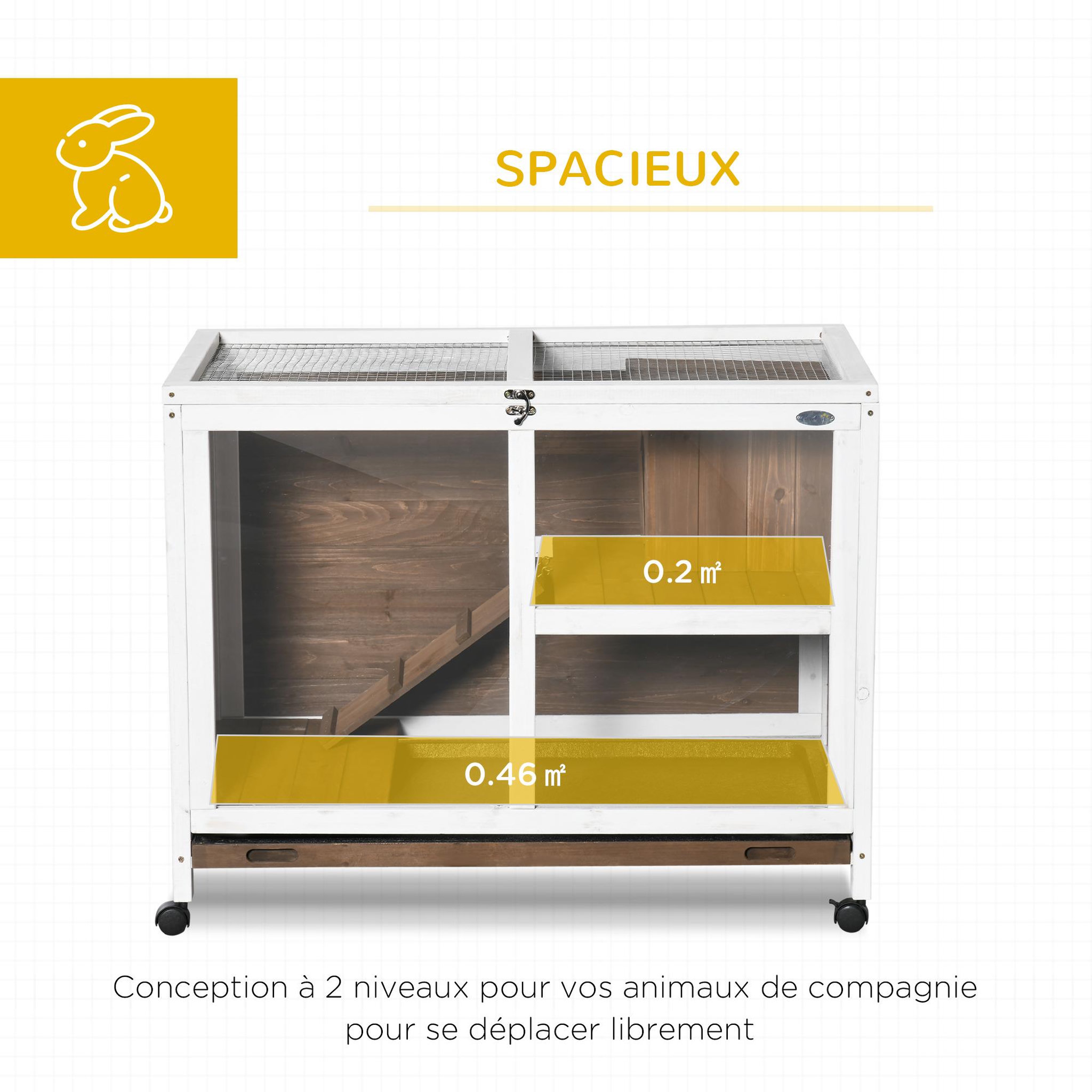 Voir la diapositive 4 : PAWHUT Clapier à lapin sur roulettes cage à lapin 2 niveaux toit ouvrant verrouillable plateau déjection coulissant rampe niche bois de sapin marron blanc