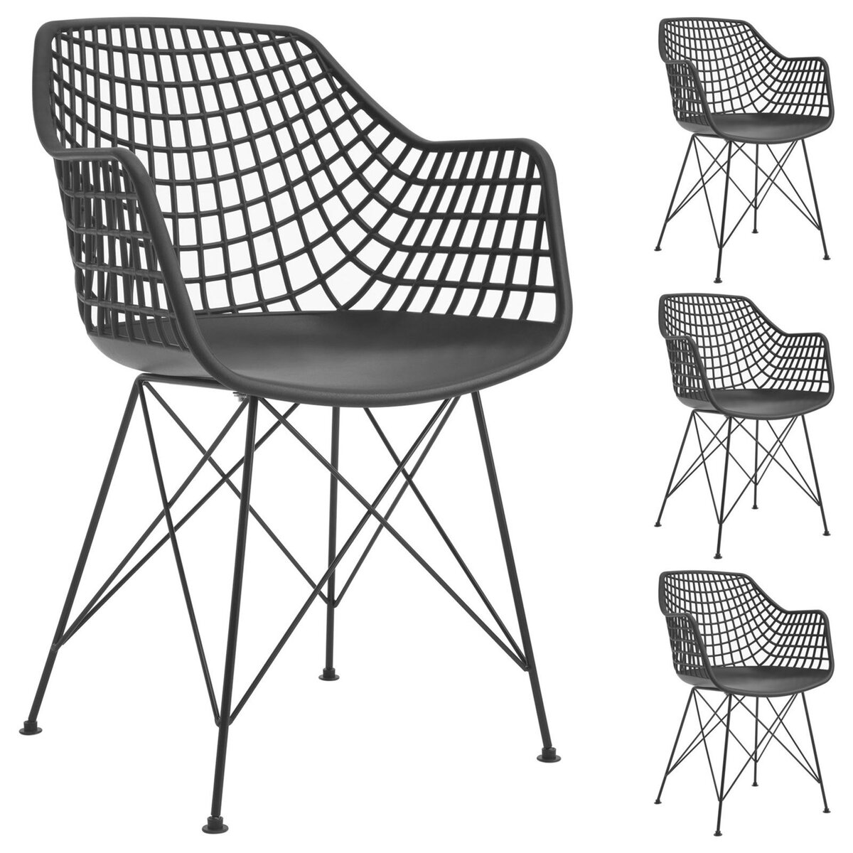 IDIMEX Lot de 4 chaises ALICANTE pour salle à manger ou cuisine design  retro avec accoudoirs coque en plastique noir et 4 pieds croisé noir pas  cher 