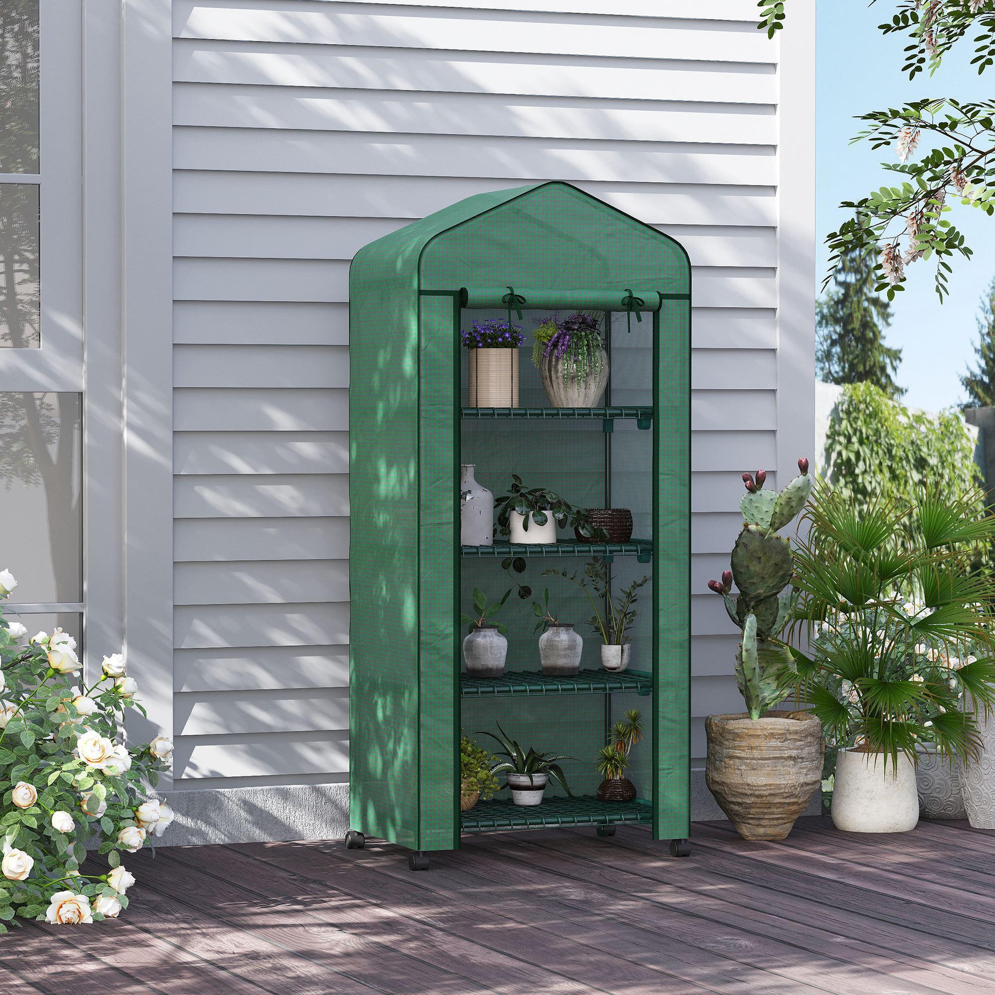 Voir la diapositive 2 : OUTSUNNY Serre de jardin balcon 4 étagères dim. 69 x 50 x 165 cm acier époxy bâche pe zippée haute densité vert