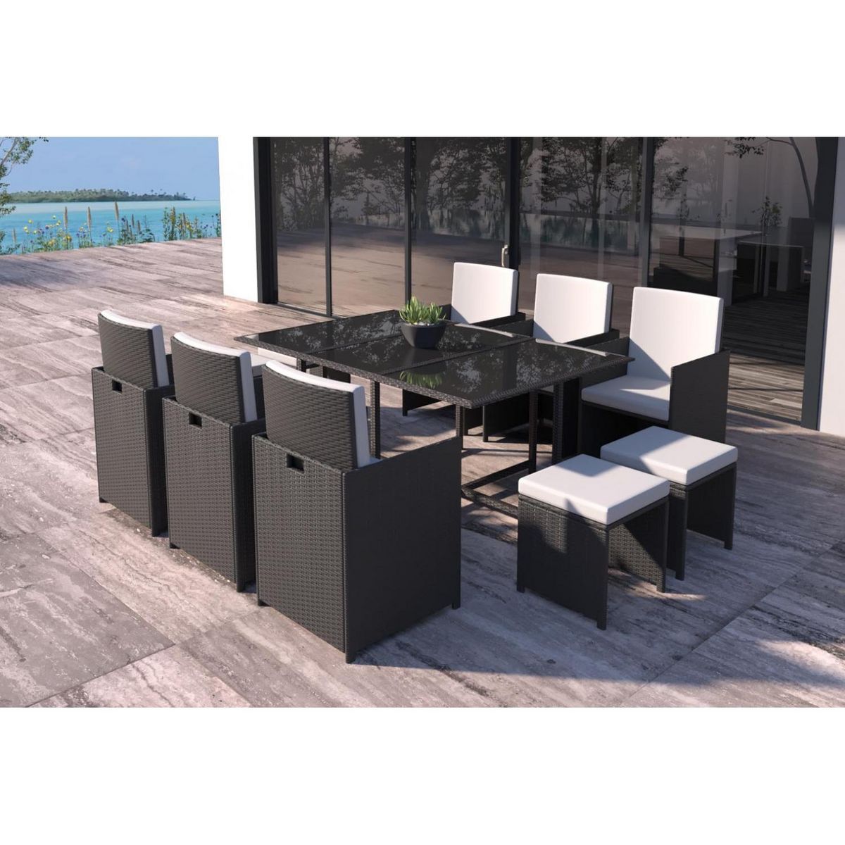 CONCEPT USINE Table et chaises 10 places en résine tressée noir et blanc FLORIDA
