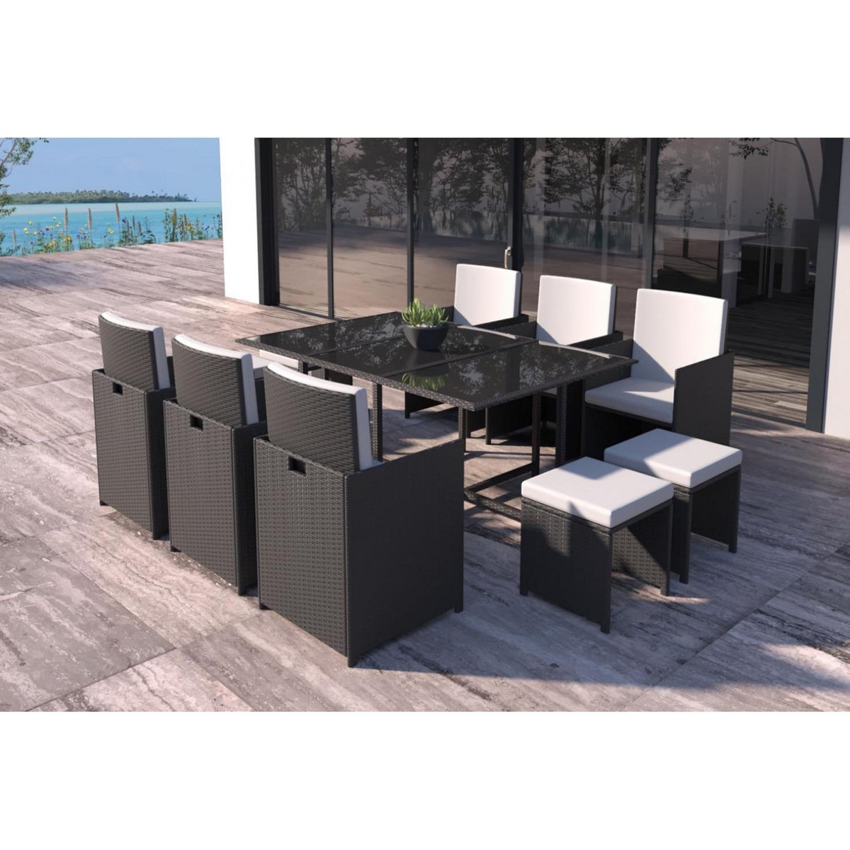 CONCEPT USINE Table et chaises 10 places en résine tressée noir et blanc FLORIDA