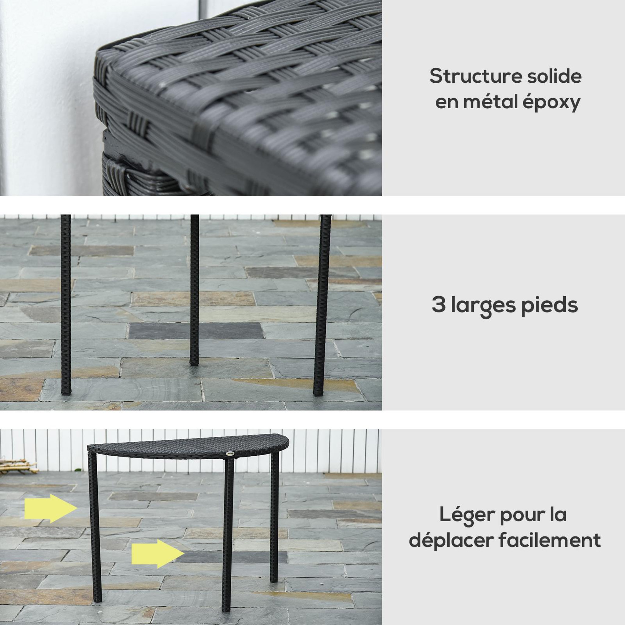Voir la diapositive 6 : OUTSUNNY Table de jardin demi cercle - table de balcon demi lune - dim. 100L x 50l x 74H cm résine tressée 4 fils imitation rotin noir