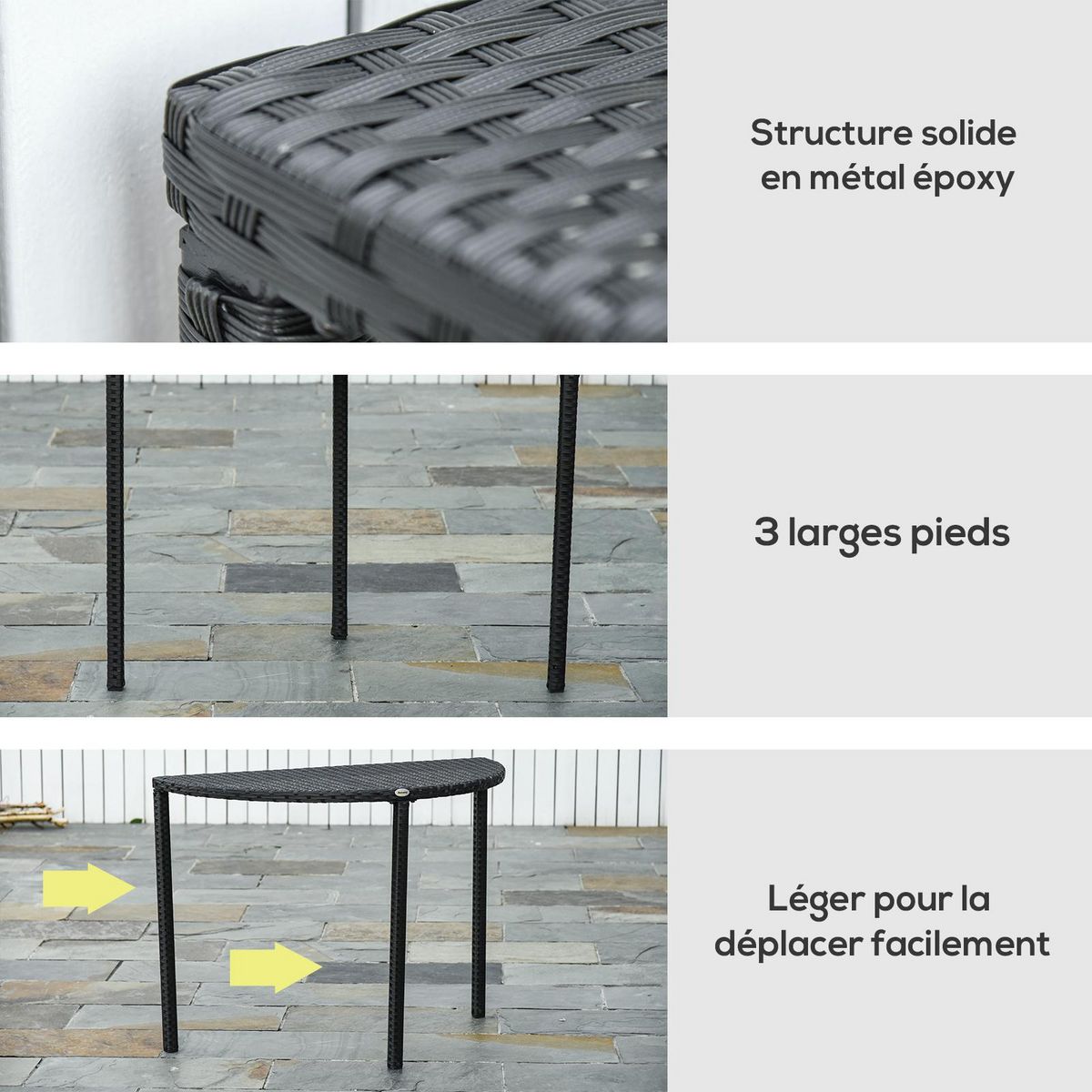 OUTSUNNY Table de jardin demi cercle - table de balcon demi lune - dim. 100L x 50l x 74H cm résine tressée 4 fils imitation rotin noir