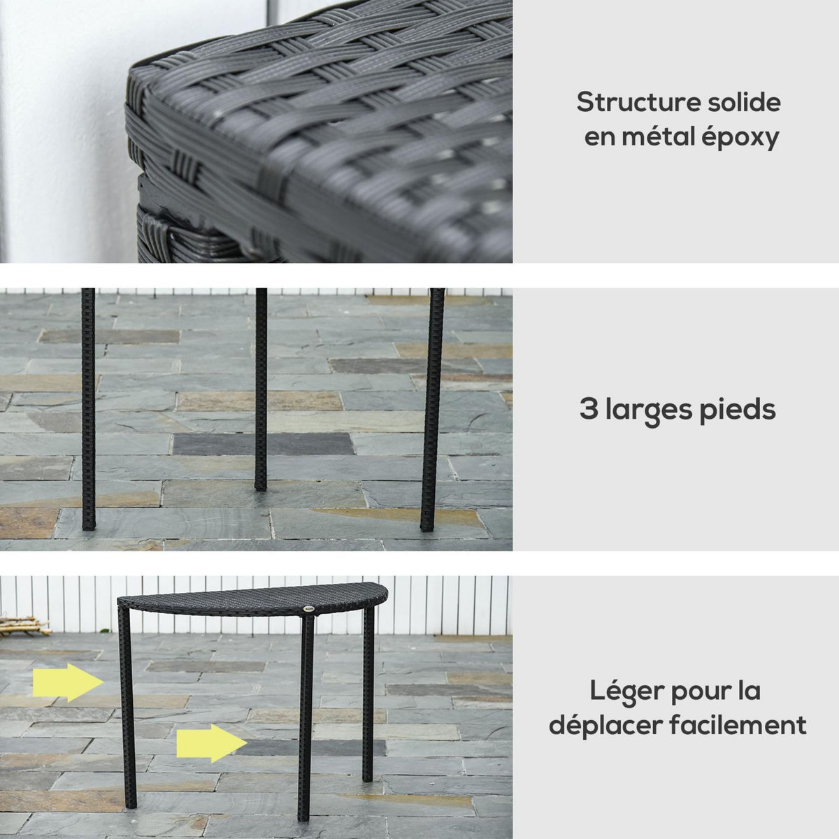 OUTSUNNY Table de jardin demi cercle - table de balcon demi lune - dim. 100L x 50l x 74H cm résine tressée 4 fils imitation rotin noir