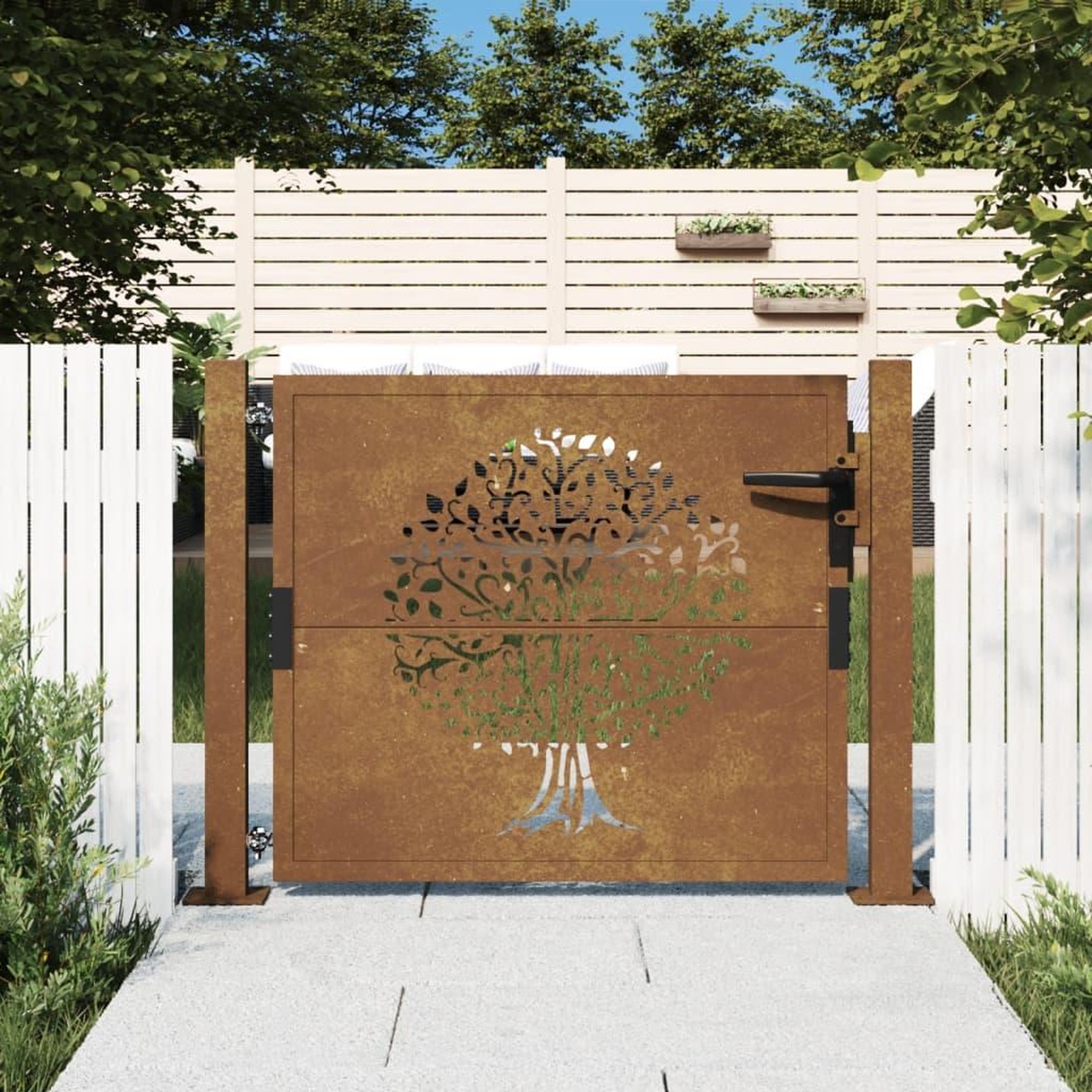 VIDAXL Portail de jardin 105x105 cm acier corten conception de l'arbre