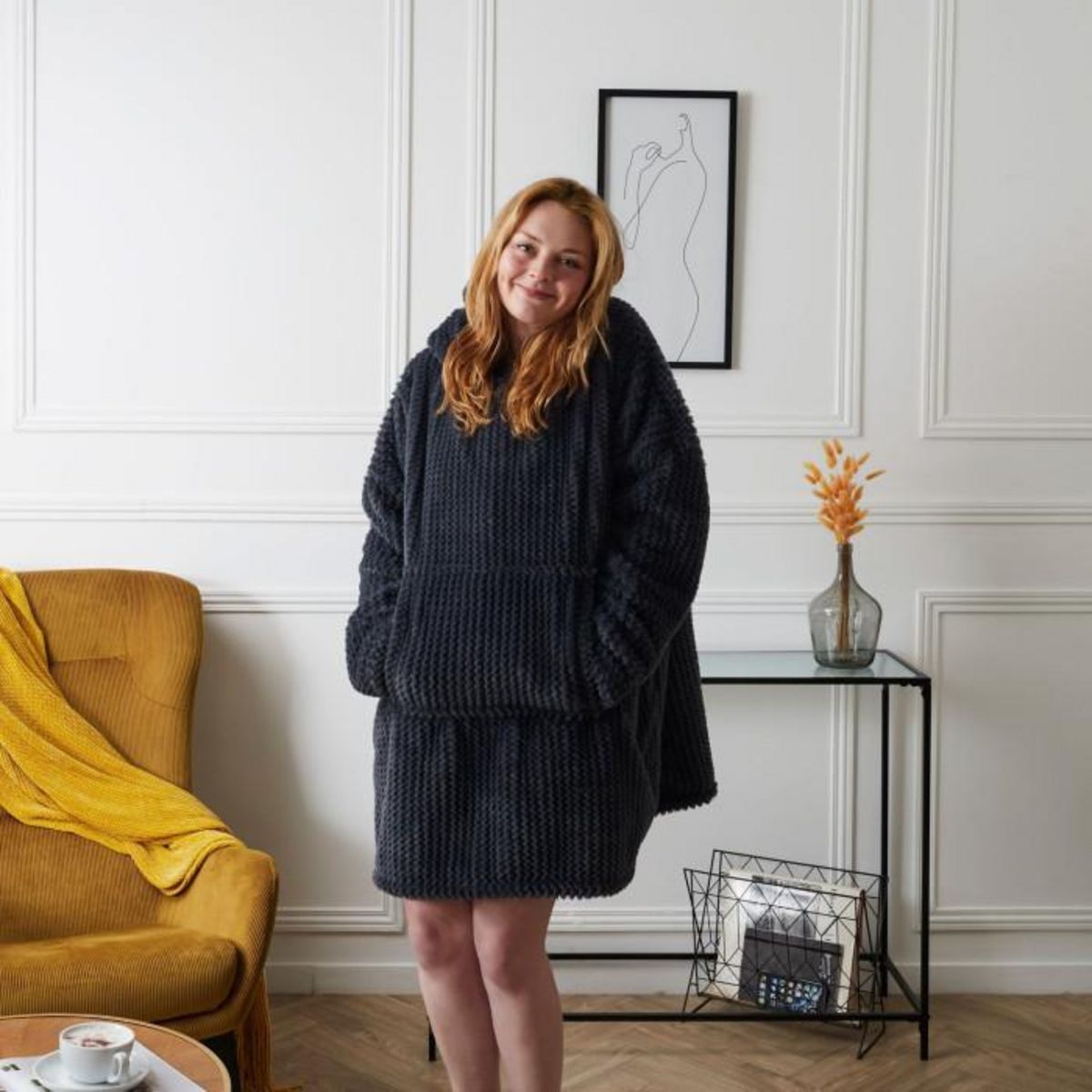 Paris Prix Plaid Sweat à Capuche  Chevron  85x115cm Gris Foncé