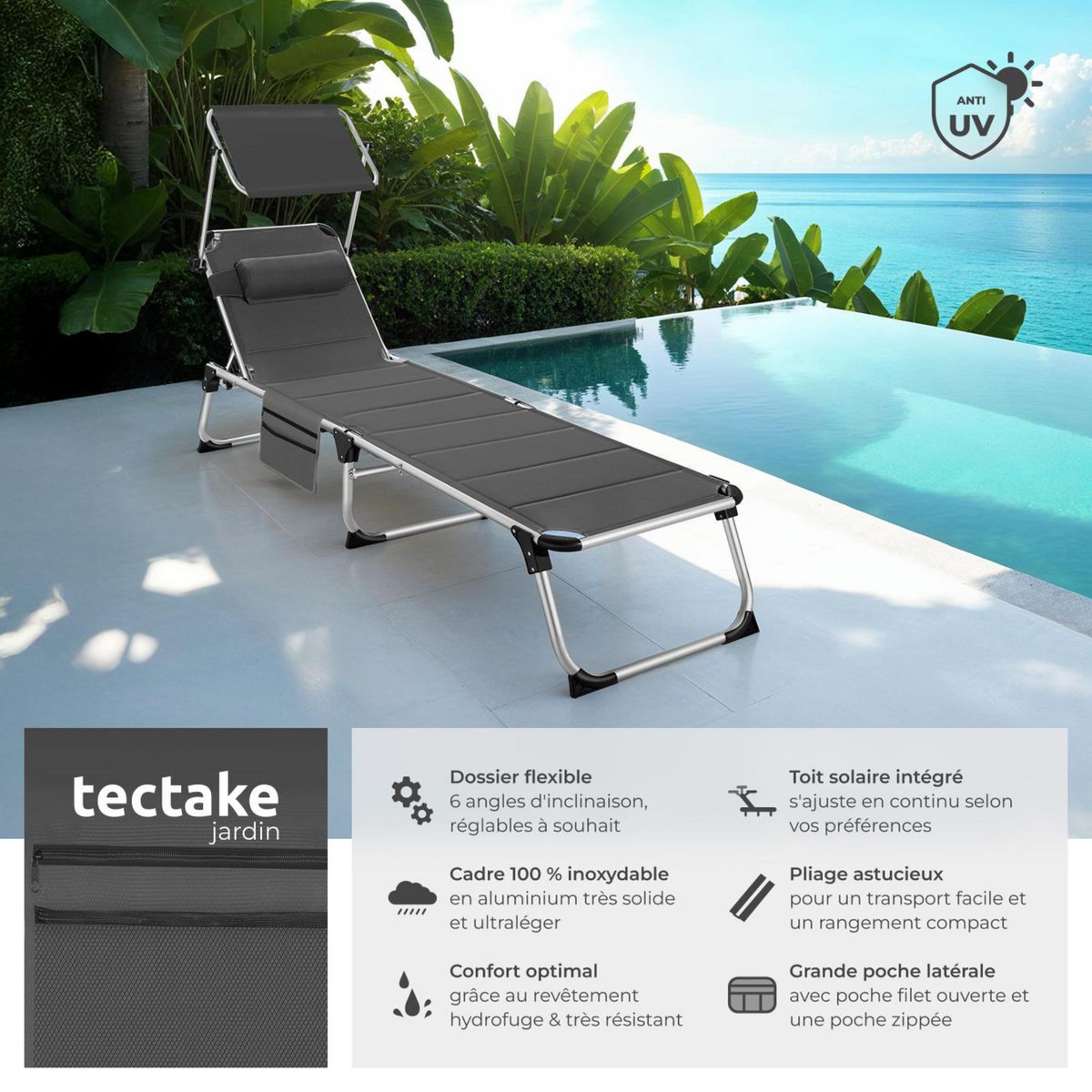 tectake Bain de soleil rembourré et pliable gris